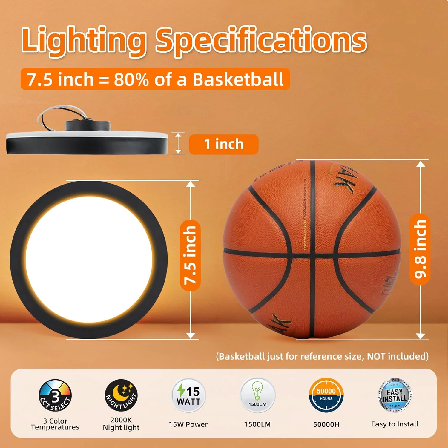 Hlite 7.5 Inch Flush Mount LED Ceiling Light with Night Light, CRI90, 15W, 1500 LM, 3000K/4000K/5000K Selectable, Flat Round LED Ceiling Light, Dimmable Bedroom Lights for Ceiling, Black(1Pack) - Image 3