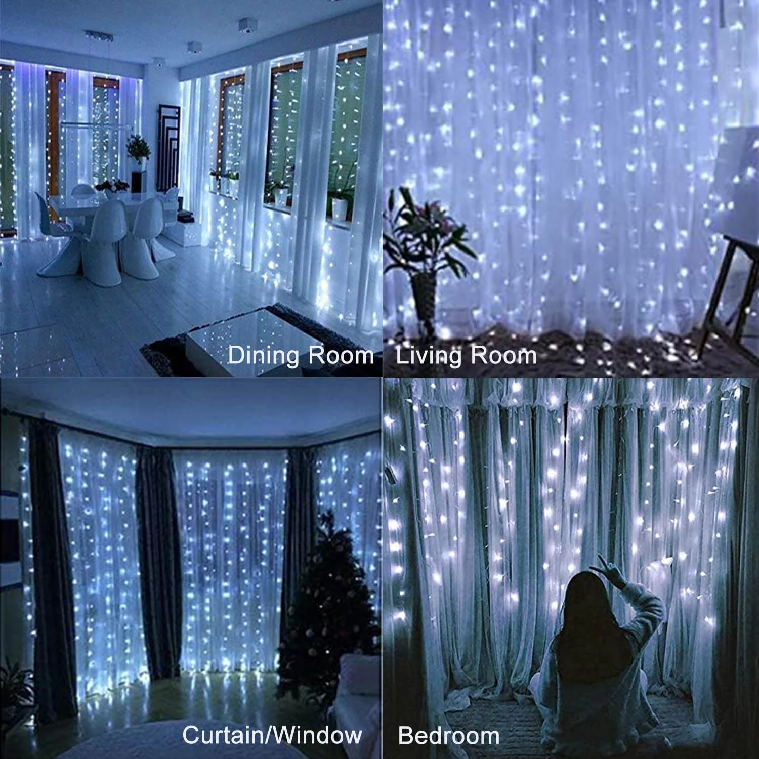 Curtain String Lights, 300 LED Fairy Lights with 8 Light Modes, 9.8x9.8Ft Remote Controlled Plug-in Fairy String Lights for Christmas, Bedroom, Indoor, Outdoor, Weddings, Party Decor (White) - Image 6