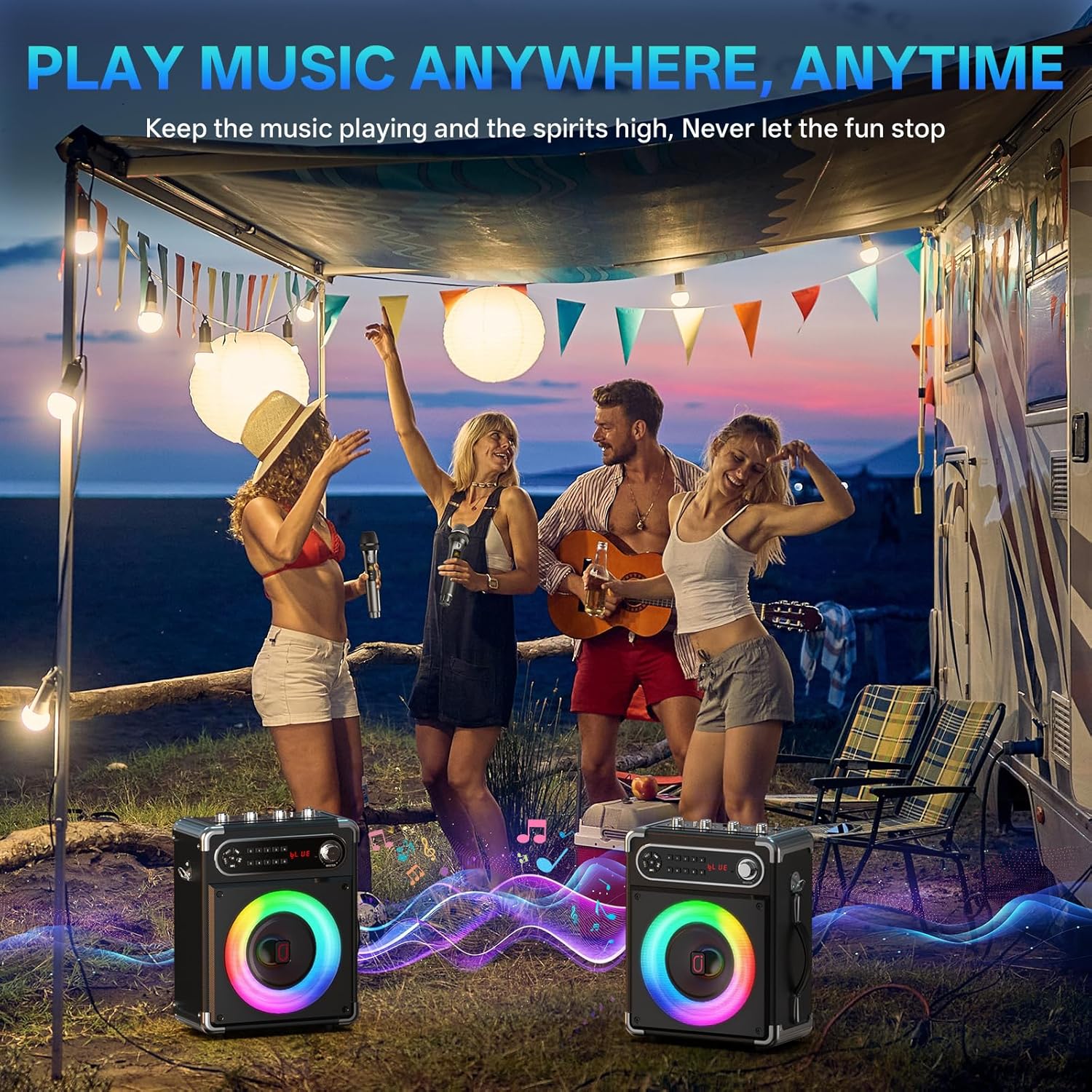 JYX Karaoke Machine, Portable Bluetooth Speaker with 2 Microphones for Adults, PA System with Bass/Treble Adjustment, Supports TF Card/USB, AUX in, FM, REC,TWS for Party-Black - Image 8