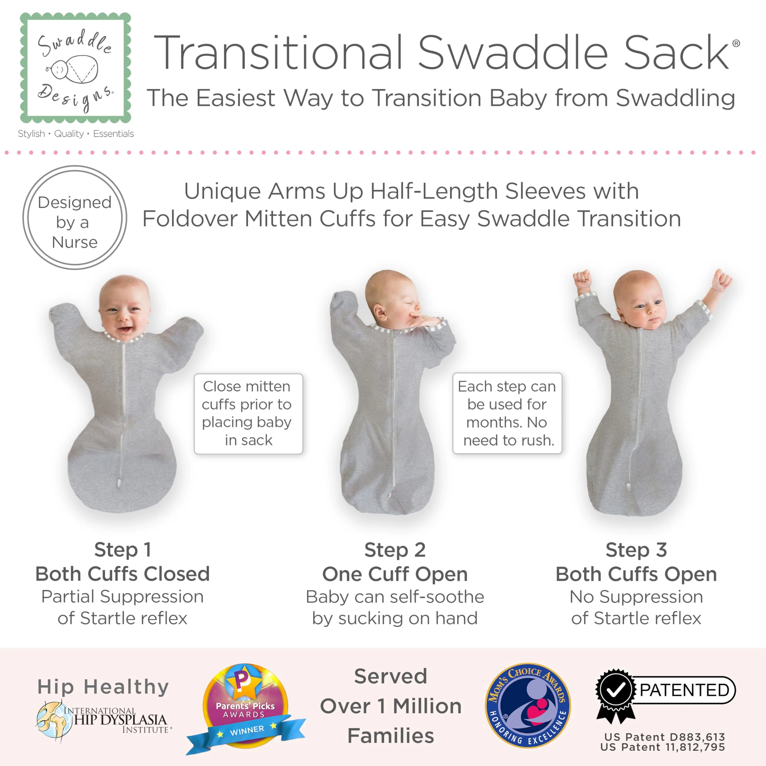SwaddleDesigns Transitional Swaddle Sack, Arms Up Half-Length Sleeves & Mitten Cuffs, Swaddle for Newborn Transition to Baby Sleep Sack Wearable Blanket, 6-9 Month, 21-24 lb, Gray with Striped Trim - Image 3