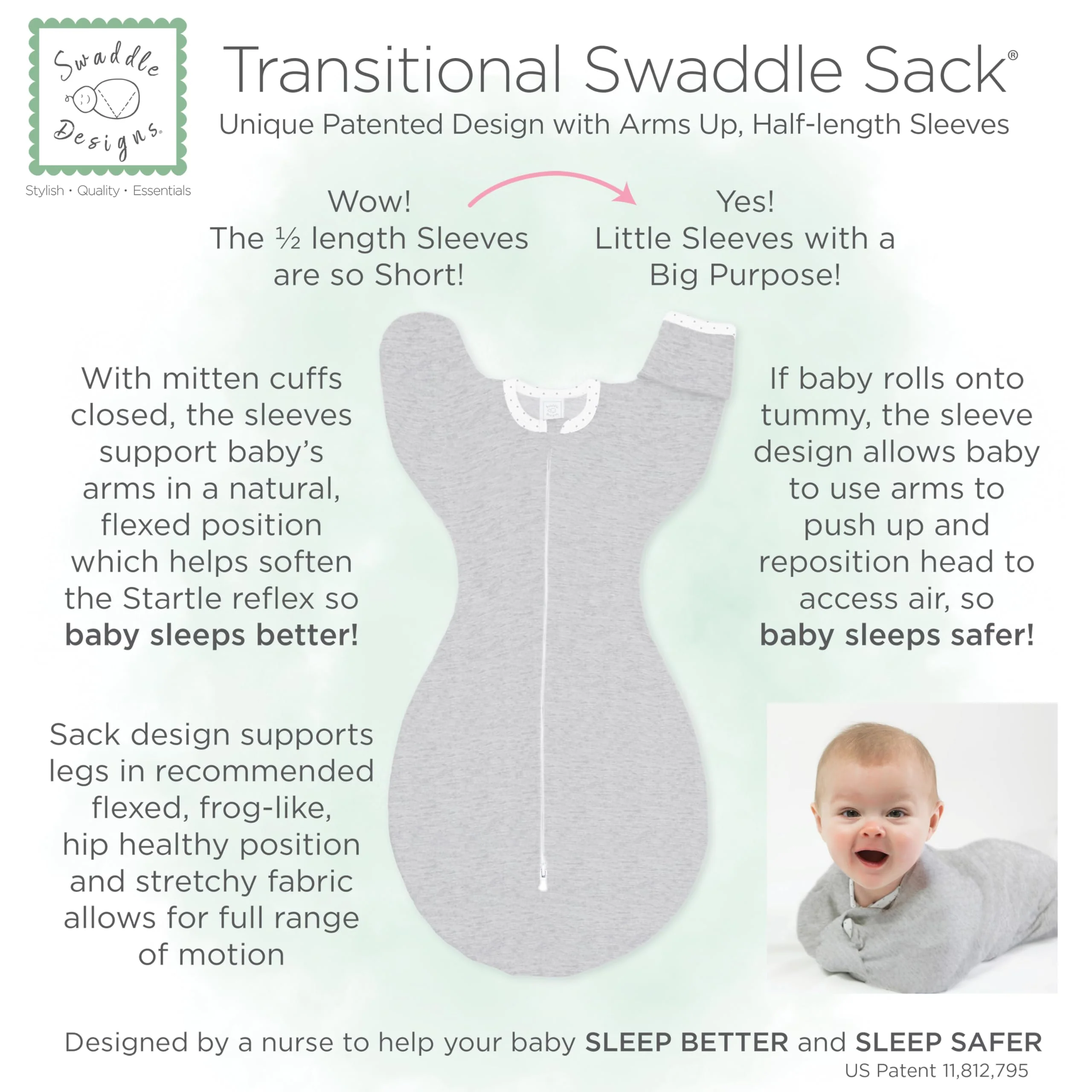 SwaddleDesigns Transitional Swaddle Sack, Arms Up Half-Length Sleeves & Mitten Cuffs, Swaddle for Newborn Transition to Baby Sleep Sack Wearable Blanket, 6-9 Month, 21-24 lb, Gray with Striped Trim - Image 5