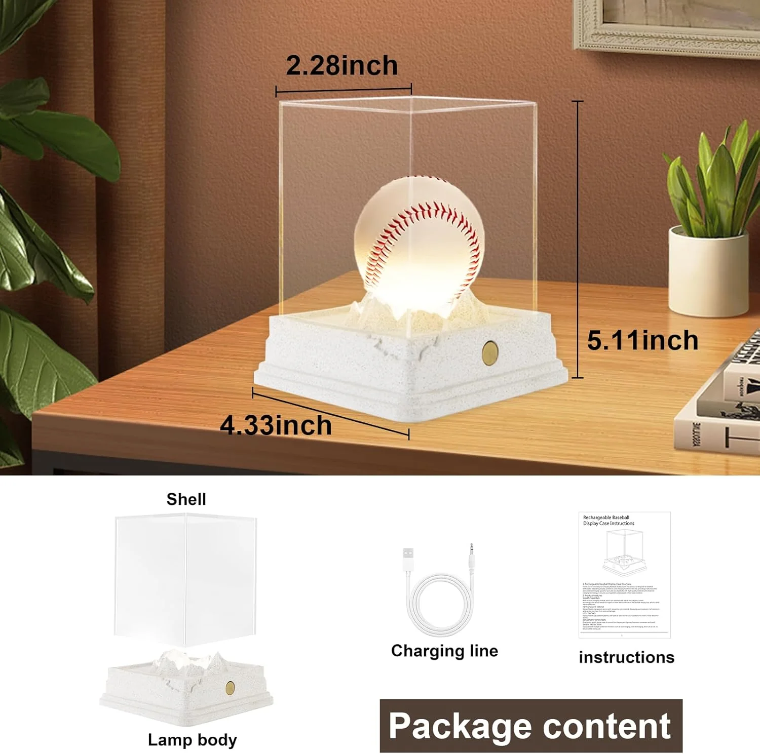 Baseball Display Case with LED Light, Rechargeable 3-Color Dimmable Lighting (3000K-6000K) with UV Protection & Weighted Concrete Base, Memorabilia Stand for Softball, Tennis, Golf - Image 2