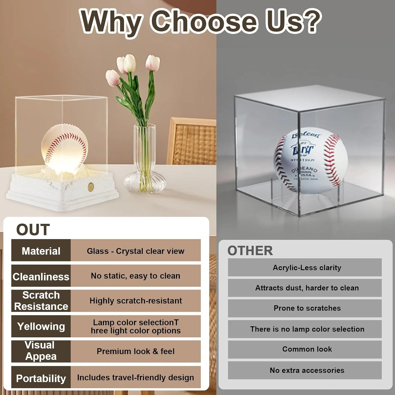 Baseball Display Case with LED Light, Rechargeable 3-Color Dimmable Lighting (3000K-6000K) with UV Protection & Weighted Concrete Base, Memorabilia Stand for Softball, Tennis, Golf - Image 4
