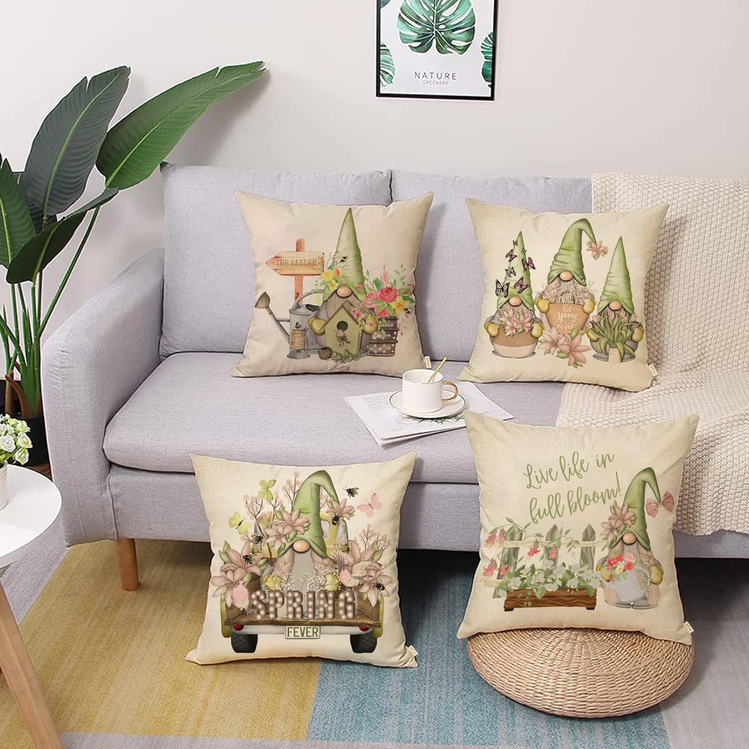 Spring Fever Gardening Gnome Truck Decorative Throw Pillow Cover 20x20 Set of 4, Lily Flowers Bee Bird House Watering Can Home Decors, Butterfly Green Birdhouse Rustic Decoration Floral Farmhouse - Image 3