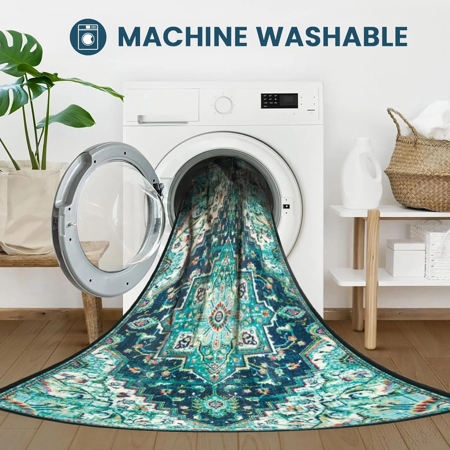 Area Rug 6x9 Washable Living Room Rug, Vintage Soft Boho Non-Slip/Non-Shedding Print Floor Carpet for Dining Room, Bedroom-Green - Retail $90 - Image 7