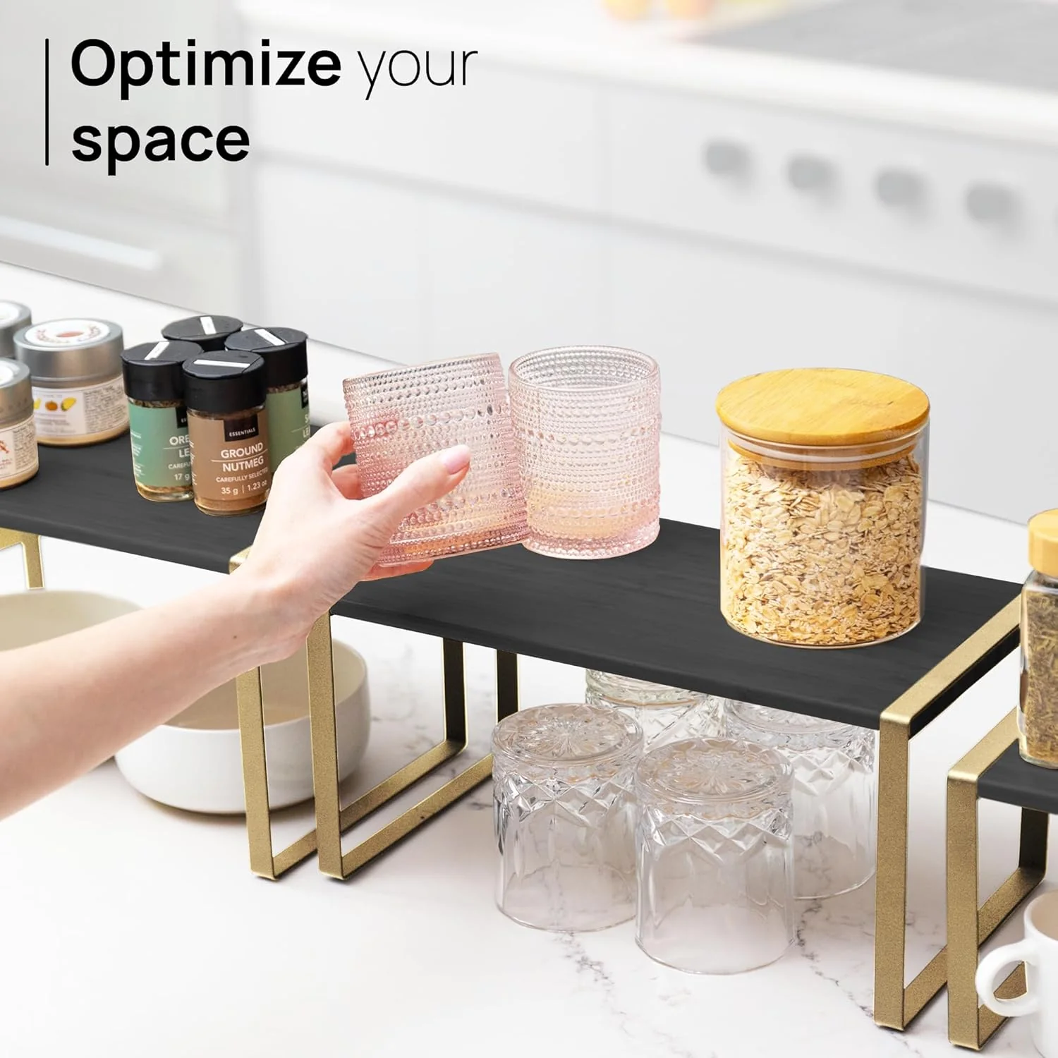 Ibyx Premium Kitchen Cabinet Organizer Shelf - Set of 3 Kitchen Counter Shelves - Stackable Shelf Racks for Cabinets - Metal Frame & Engineered Wood (Black Wood, Gold Frame) - Image 5