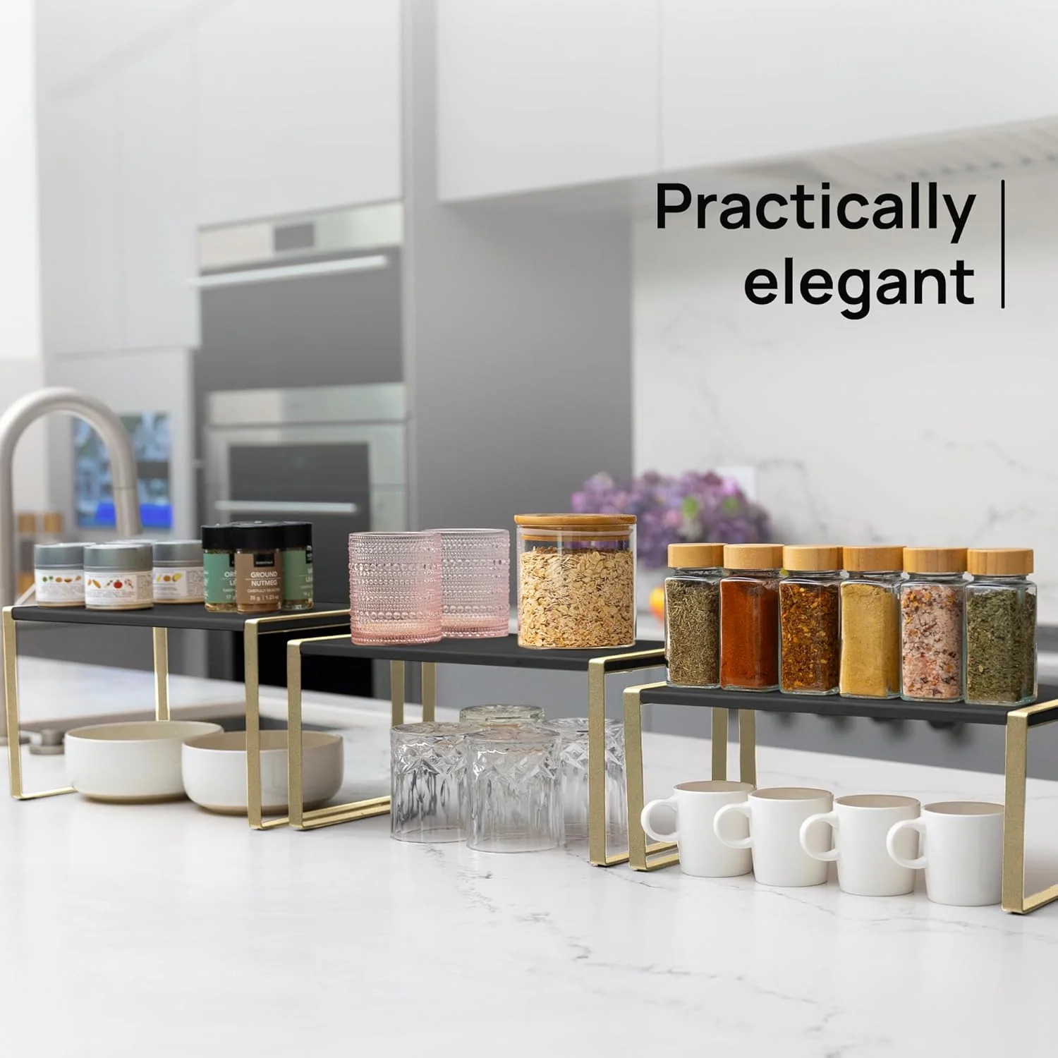 Ibyx Premium Kitchen Cabinet Organizer Shelf - Set of 3 Kitchen Counter Shelves - Stackable Shelf Racks for Cabinets - Metal Frame & Engineered Wood (Black Wood, Gold Frame) - Image 7