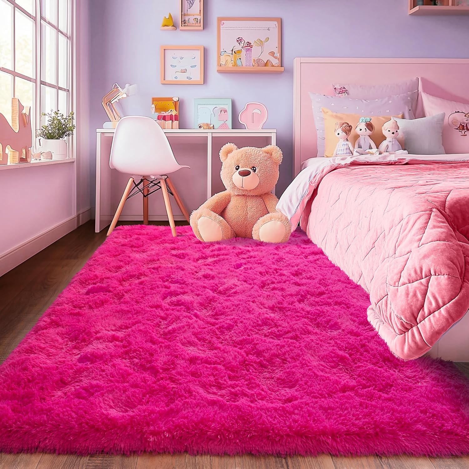 Hot Pink Fluffy Rug for Bedroom 5x7 ft - Ultra Soft & Non Slip Shaggy Area Rug, Comfy Girls Room Carpet for Living Room Kids Room Teens Dorm Home Decor, 1.7'' Thick Indoor Plush Carpets - Image 3