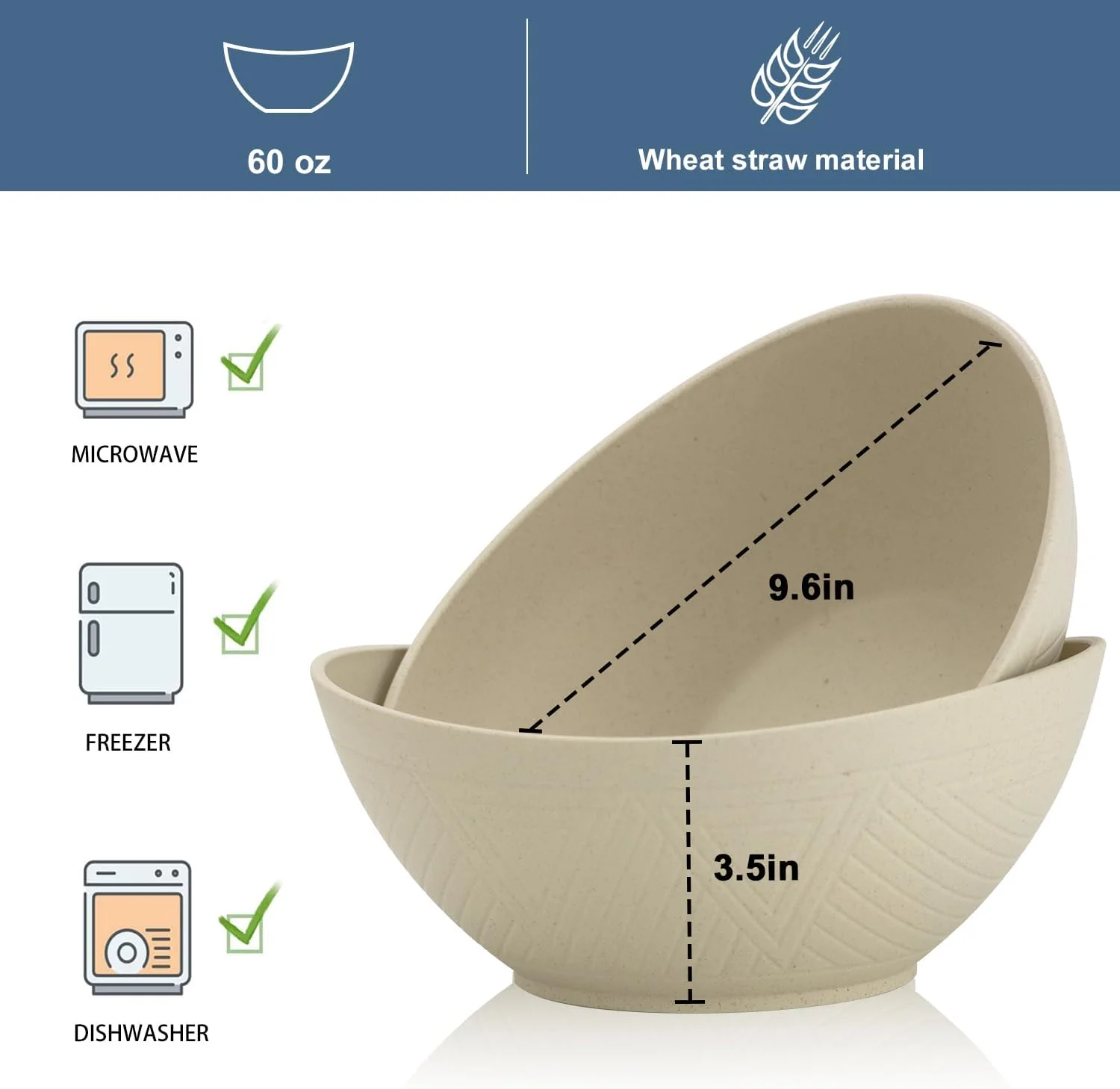 65oz Big Wheat Straw Bowls - Large Salad Bowls set of 6 - Unbreakable Serving Bowl Sets - Microwave & Dishwasher Safe Bowl Sets for Cereal,Salad,Fruit - Beige - Image 3
