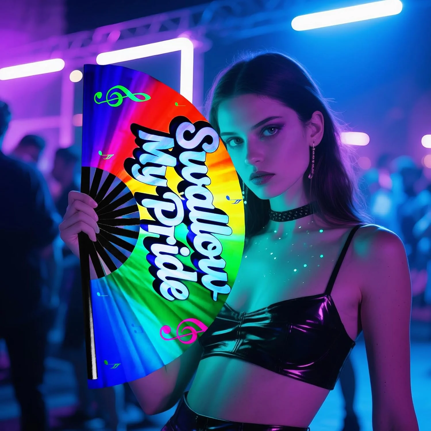 SYNTECSO Folding Hand Fan for Rave, Popping Fan for Line Dancing, Drag Queen, Women and Men Gift,Chinese Japanese UV Glow Clack Fan for Parties, Music Festivals, EDM and Decoration - Image 6