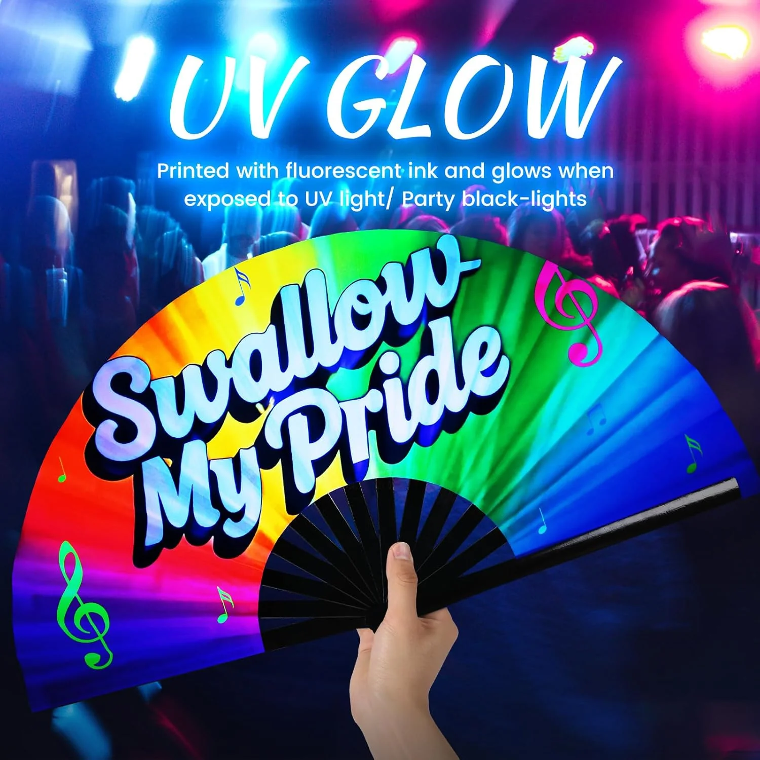 SYNTECSO Folding Hand Fan for Rave, Popping Fan for Line Dancing, Drag Queen, Women and Men Gift,Chinese Japanese UV Glow Clack Fan for Parties, Music Festivals, EDM and Decoration - Image 7
