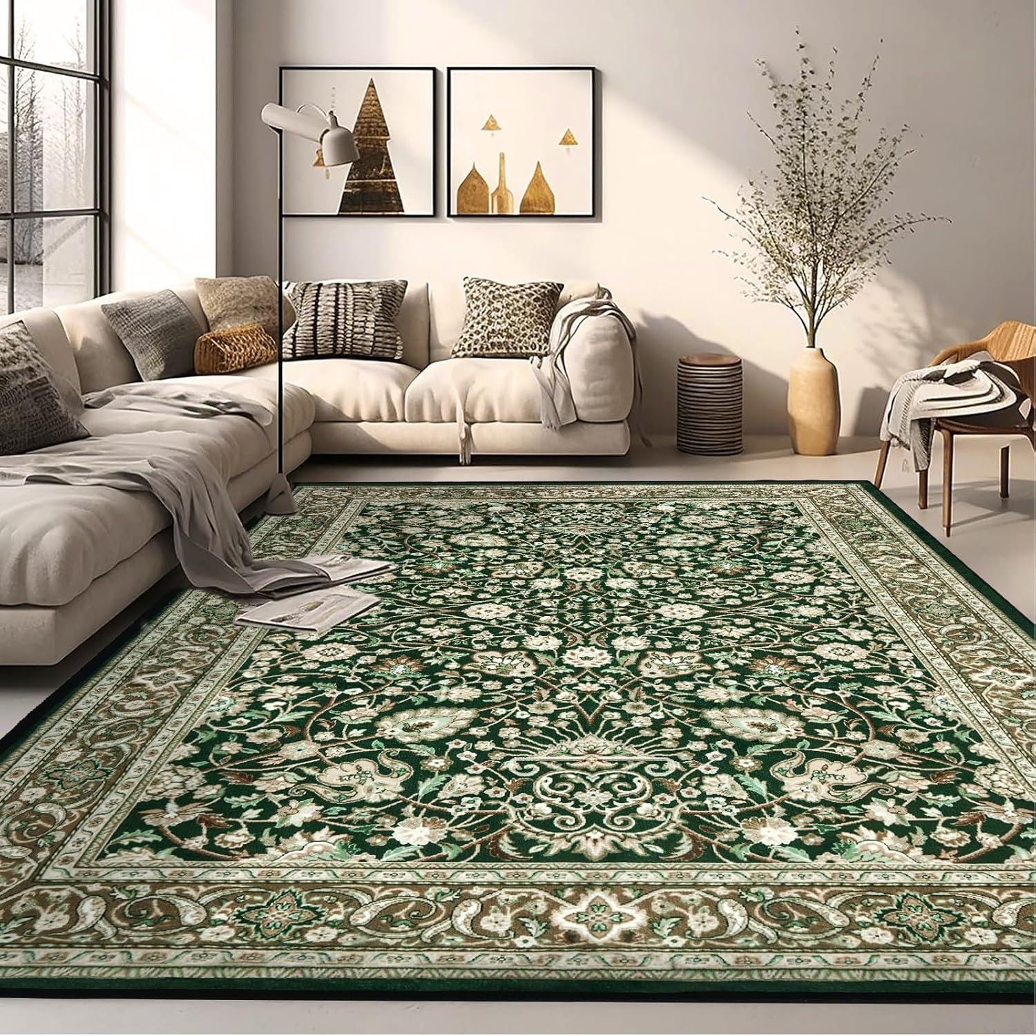 Area Rug 6x9 Washable Living Room Rug, Vintage Soft Boho Non-Slip/Non-Shedding Print Floor Carpet for Dining Room, Bedroom-Cyan