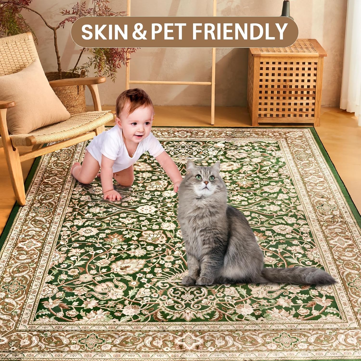 Area Rug 6x9 Washable Living Room Rug, Vintage Soft Boho Non-Slip/Non-Shedding Print Floor Carpet for Dining Room, Bedroom-Cyan - Image 5