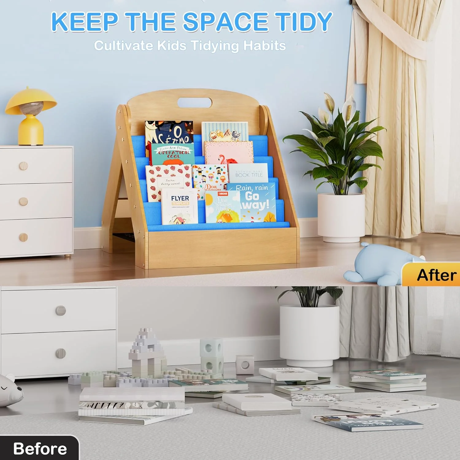 ZIFTY Kids Bookshelf 2-in-1 Design Book Organizer and Easel for Kids, Montessori Book Shelf for Kids Rooms, 4 Tier Bookcase for Age 3+ Girl Boy´s Bedroom Decor, Storage for Small Toys, Blue - Image 6