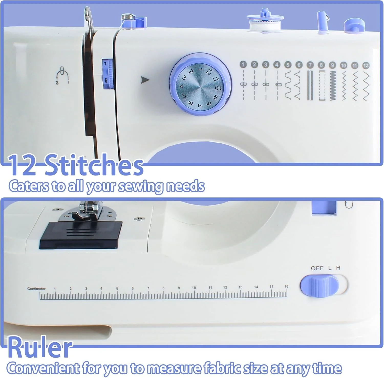 Sewing Machine for Beginners with 20 Pcs Fabric and 32 Pcs Sewing Threads Kit,Portable Sewing Machine with 12 Built-in Stitches,2 Speed(High-Low Speeds) - White Blue - Image 3