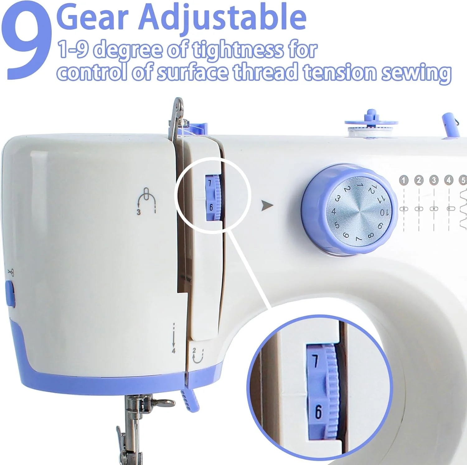Sewing Machine for Beginners with 20 Pcs Fabric and 32 Pcs Sewing Threads Kit,Portable Sewing Machine with 12 Built-in Stitches,2 Speed(High-Low Speeds) - White Blue - Image 4