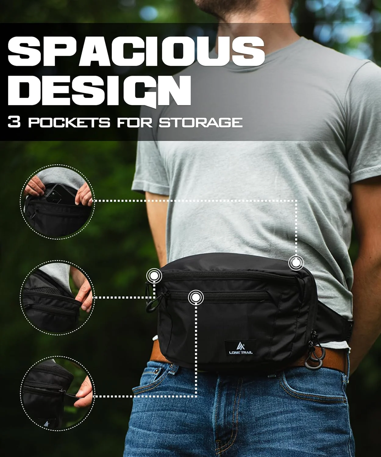Lone Trail Large Concealed Carry Fanny Pack for Men | Adjustable ccw fanny pack for Men & Women for Hiking and Travel, Quick Access Back Pockets - Tactical Waist Packs - Utility Holder & Extra Strap - Image 3