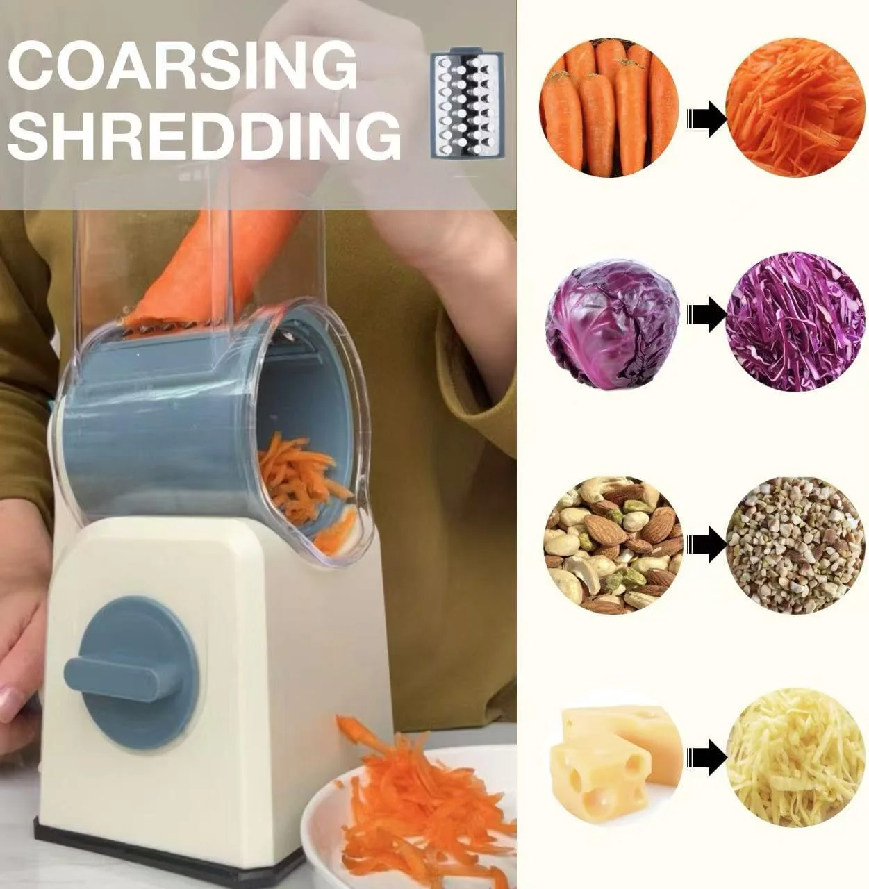 rotary cheese grater slicer with handle and suction base, stainless steel mandoline slicer with large barrel, vegetable potato slicer, nut grinder, carrot shredder, chopper, cutter - Image 6
