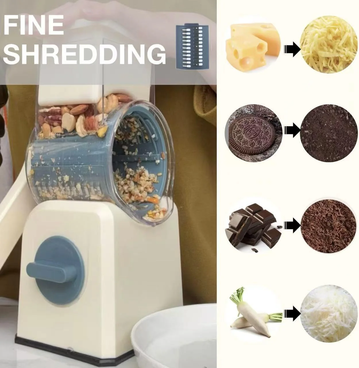 rotary cheese grater slicer with handle and suction base, stainless steel mandoline slicer with large barrel, vegetable potato slicer, nut grinder, carrot shredder, chopper, cutter - Image 8