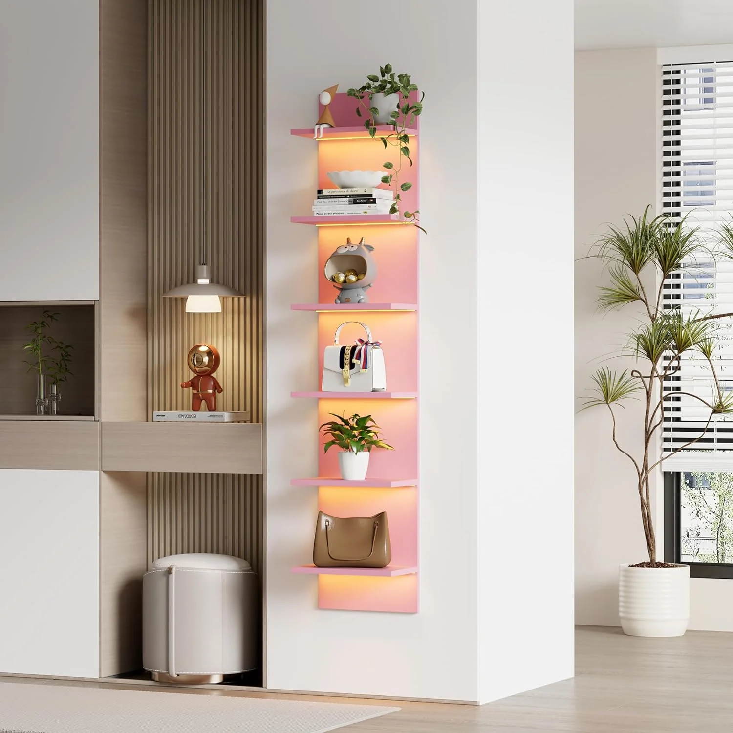 6 Tier Wall Shelf Unit with LED Light, Display Floating Storage Home Decor Organizer Shelves for Bedroom Living Room, Pink - Image 3
