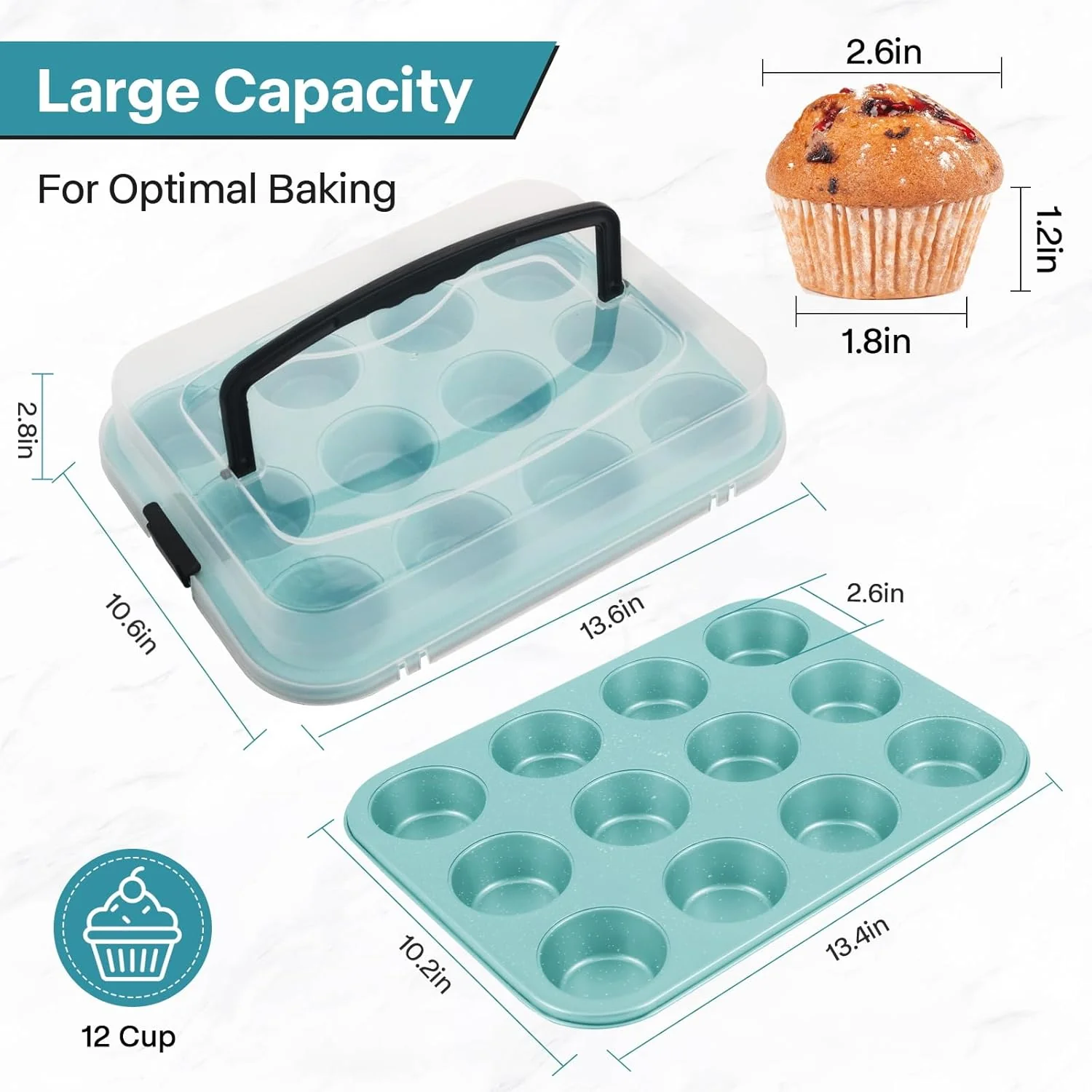 Blue 12-Cup Muffin Pan with Lid, 2-Pack Metal Cupcake Pan with Handle, Portable Blue Muffin Pans Nonstick 12 with Cover Ideal for Easy Carrying, Holiday, Party and Travel - Image 2