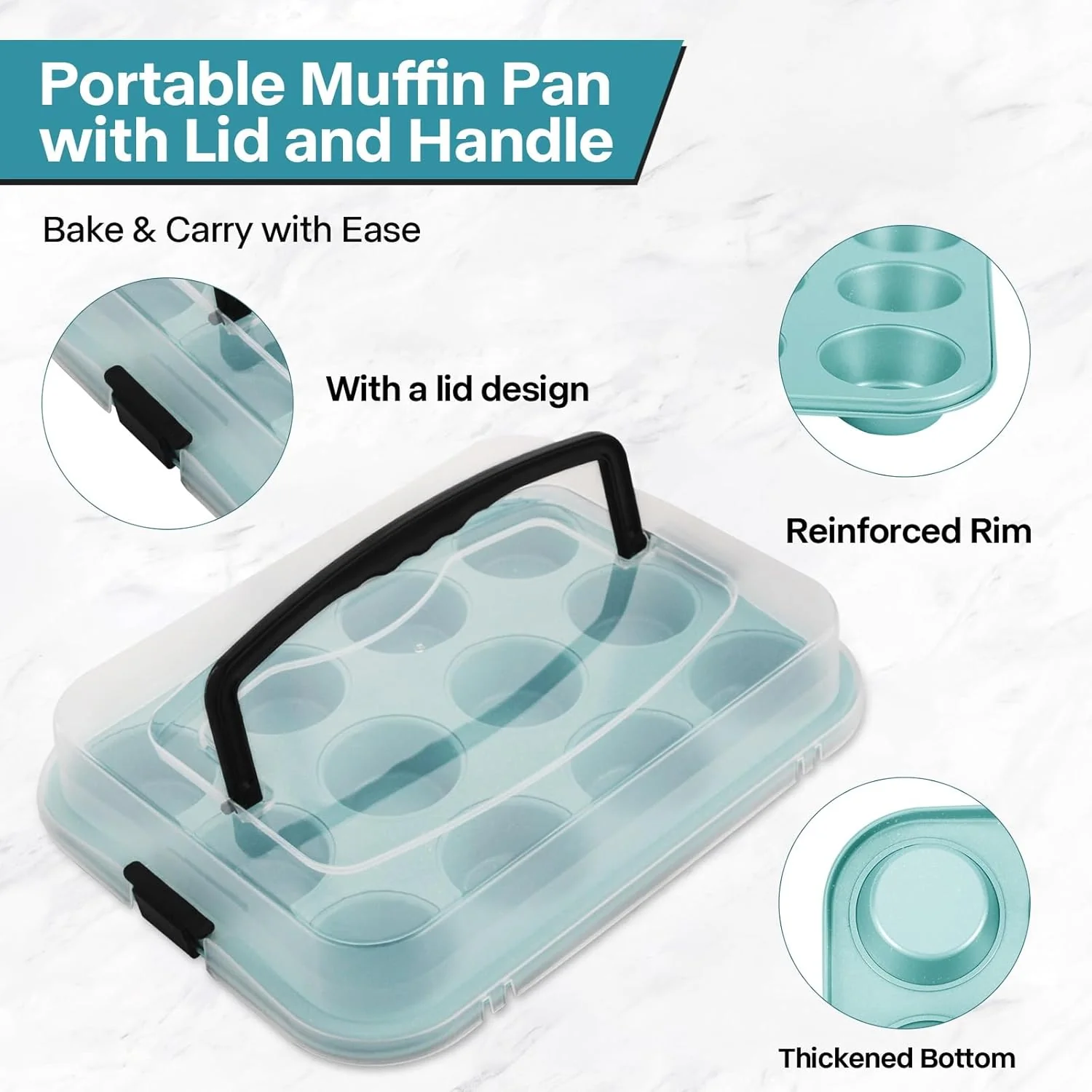 Blue 12-Cup Muffin Pan with Lid, 2-Pack Metal Cupcake Pan with Handle, Portable Blue Muffin Pans Nonstick 12 with Cover Ideal for Easy Carrying, Holiday, Party and Travel - Image 4