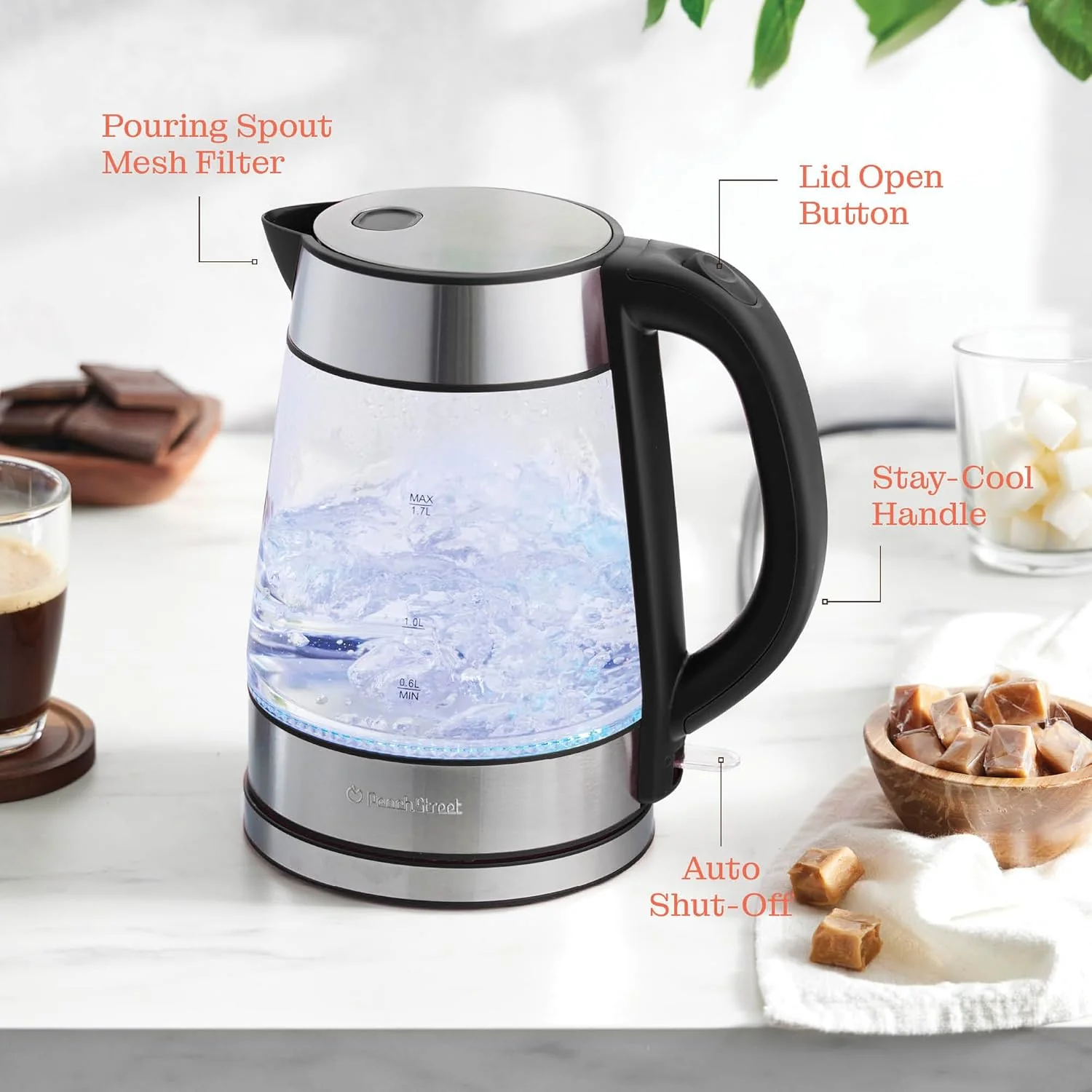 Speed-Boil Electric Kettle For Coffee & Tea - 1.7L Water Boiler 1500W, Borosilicate Glass, Easy Clean Wide Opening, Auto Shut-Off, Cool Touch Handle, LED Light. 360° Rotation, Boil Dry Protection - Image 4