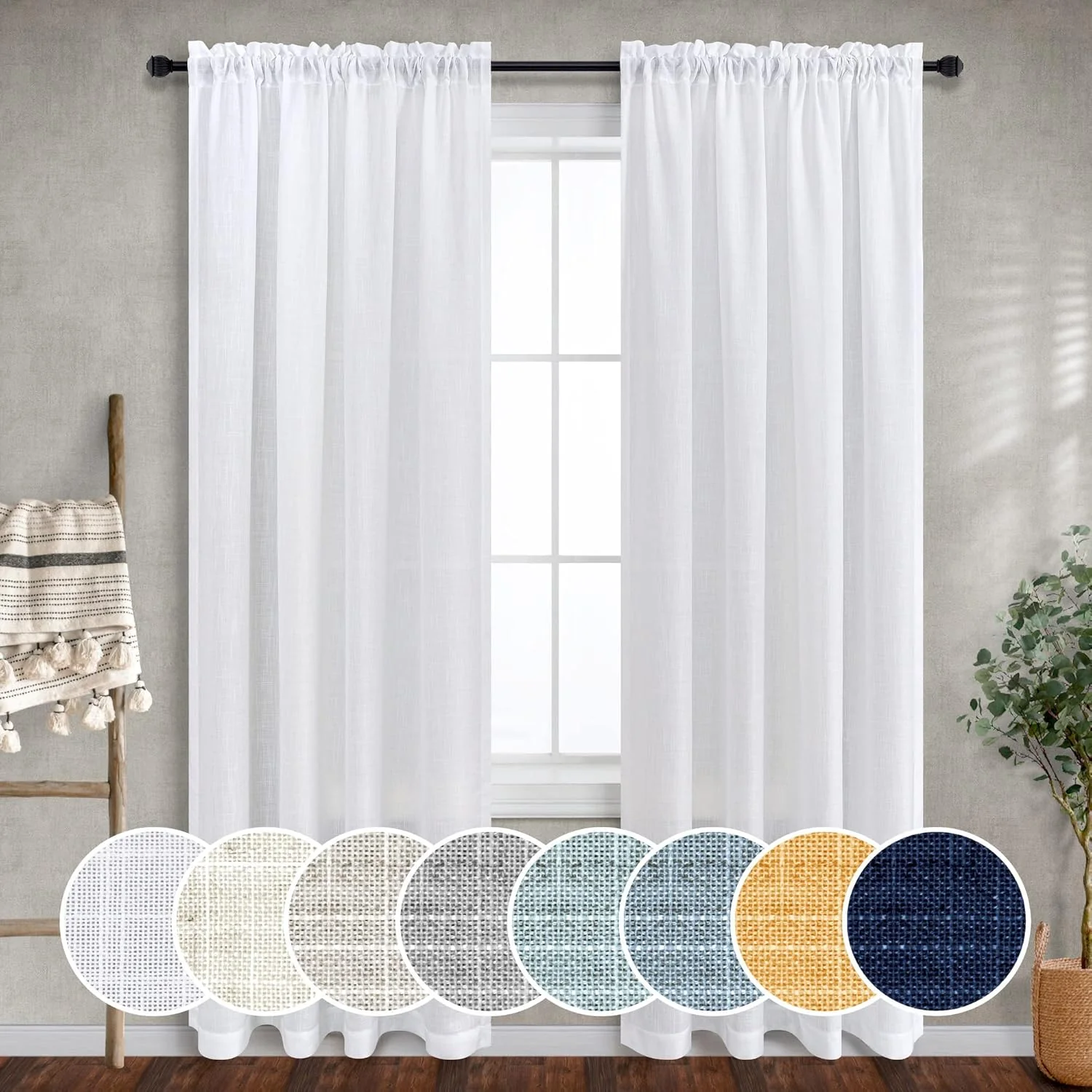 Mrs.Naturall White Curtains 60 Inch Wide for Living Room 2 Panels Set Rod Pocket Extra Large Drapes Semi Sheer Linen Room Dividing Curtain for Patio Sliding Glass Door Family Room Apartment 60x96 Long