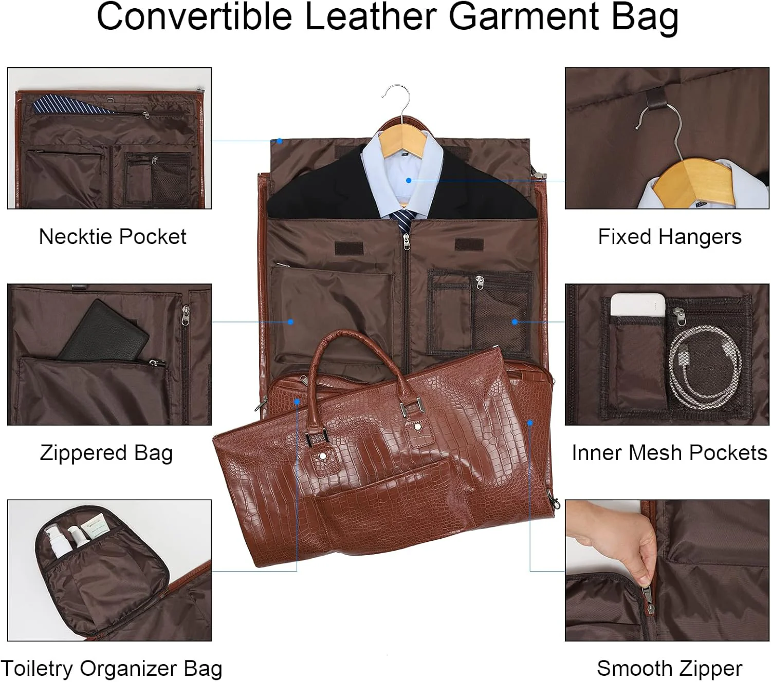 Modoker 2-in-1 Convertible Leather Garment Bag,Waterproof Carry On Garment Duffel for Business Travel,Hanging Suitcase with Shoulder Strap,Luggage for Men & Women, Light Brown - Image 2