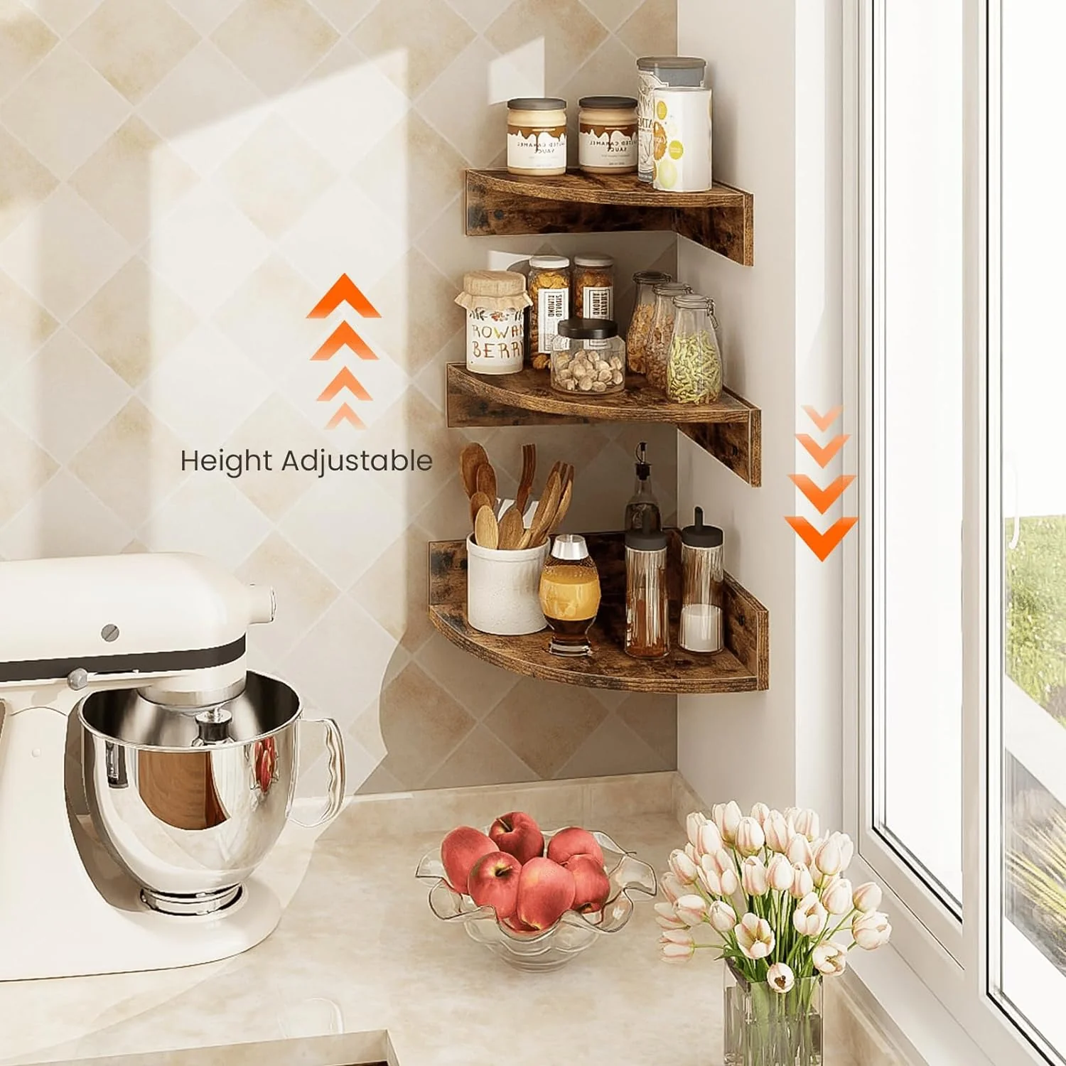 Homode Brown Corner Floating Shelves, Set of 3 Corner Shelves Wall Mounted with Cable Hole - Image 6