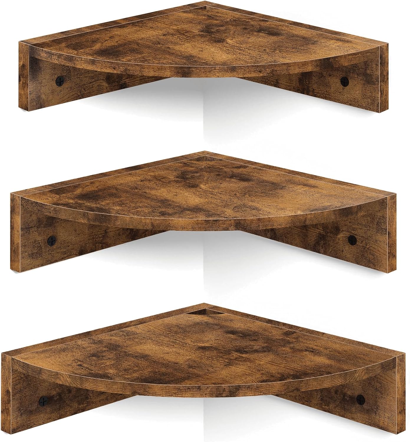 Homode Corner Floating Shelves, Set of 3 Corner Wall Shelves for Storage and Display, 3 Tier Wood Hanging Shelf Organizer for Cable Box, for Bedroom, Bathroom, Kitchen, Rustic Grey