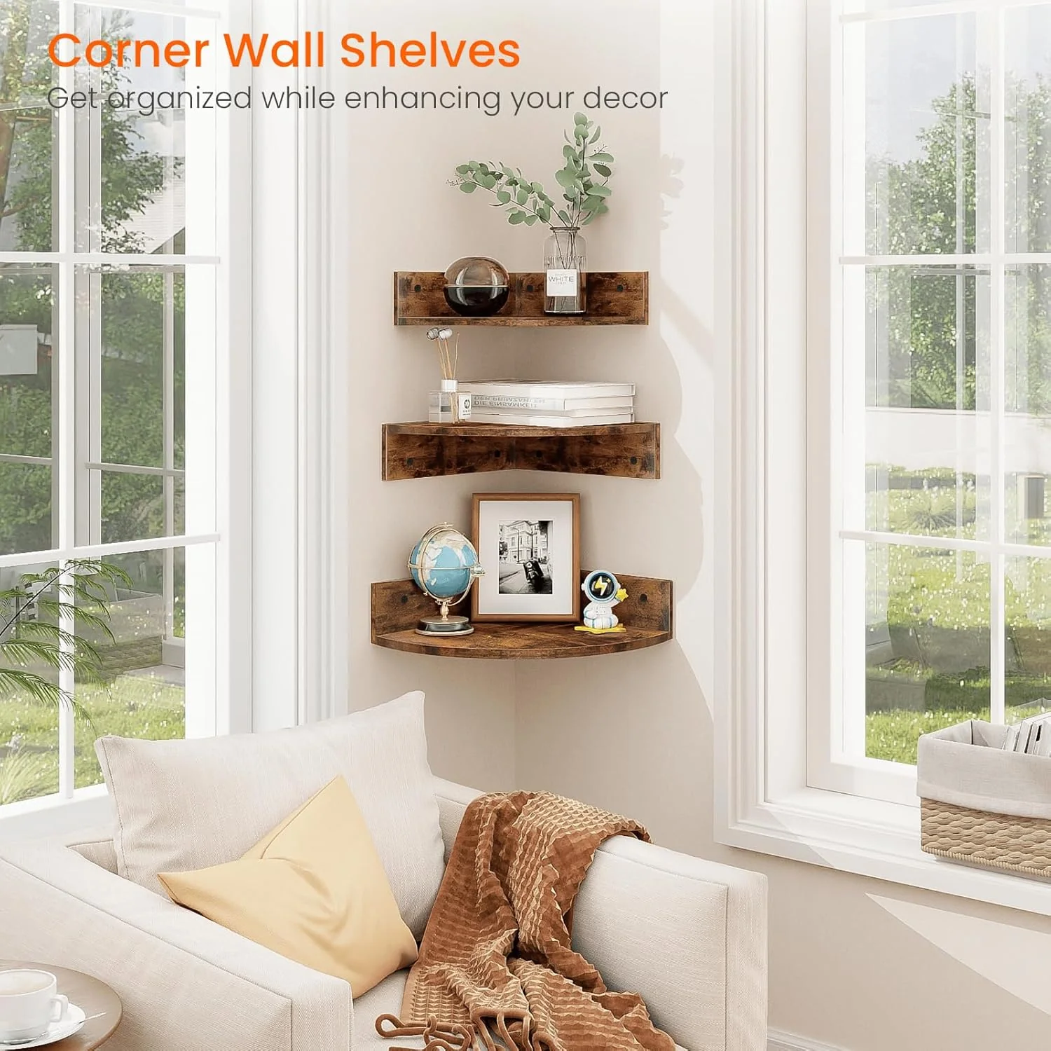 Homode Corner Floating Shelves, Set of 3 Corner Wall Shelves for Storage and Display, 3 Tier Wood Hanging Shelf Organizer for Cable Box, for Bedroom, Bathroom, Kitchen, Rustic Grey - Image 4