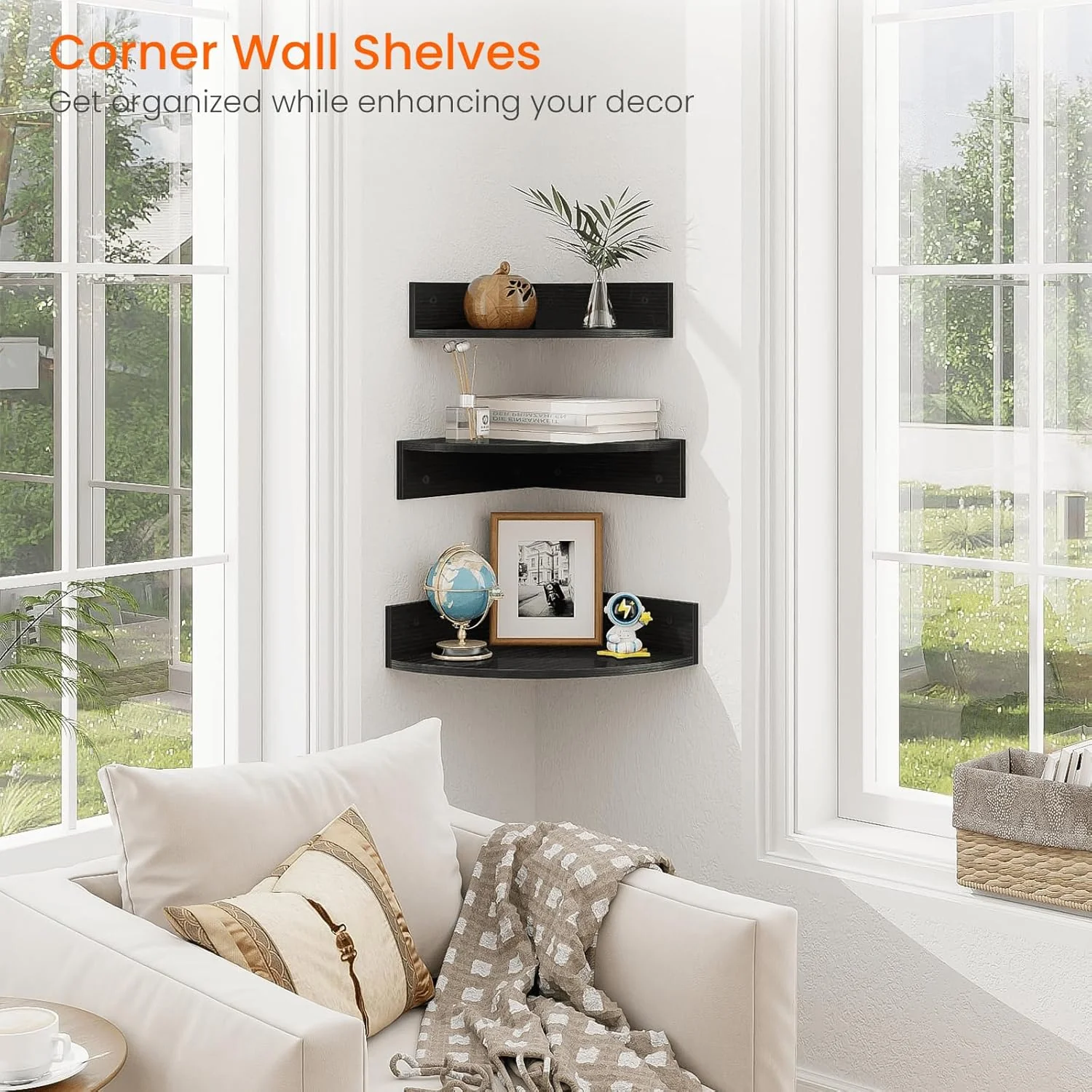 Homode Black Corner Floating Shelves, Set of 3 Corner Shelves Wall Mounted with Cable Hole - Image 5
