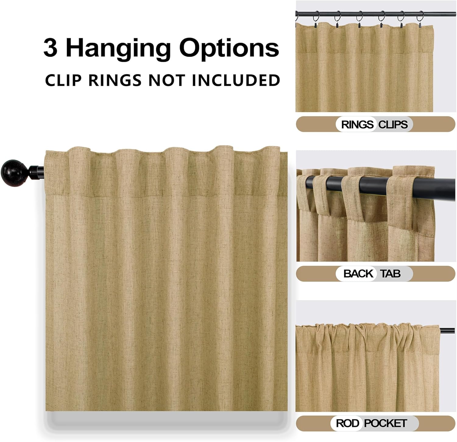 Mrs.Naturall Tan Back Tab Linen Blend Sheer Curtains for Bedroom 52x108 Inches Long - Image 3