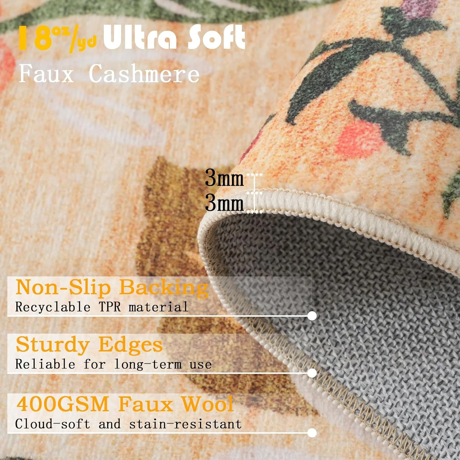 2X3 Washable Indoor Floral Rug, Ultra-Thin, Soft, Non-Slip, Stain Resistant, Low-Pile Throw - Image 2