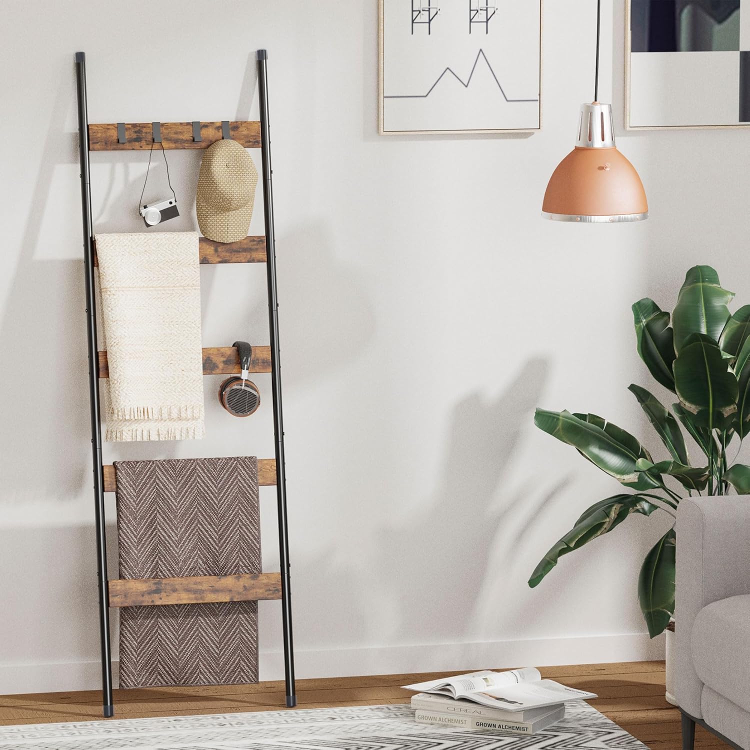 Blanket Ladder, 5-Tier Towel Holder with 4 Removable Hooks, Farmhouse Wall Leaning Decorative Rack Shelf, Wooden Towel Display Rack, Quilt Ladder for Living Room, Bedroom, Rustic Brown - Image 2