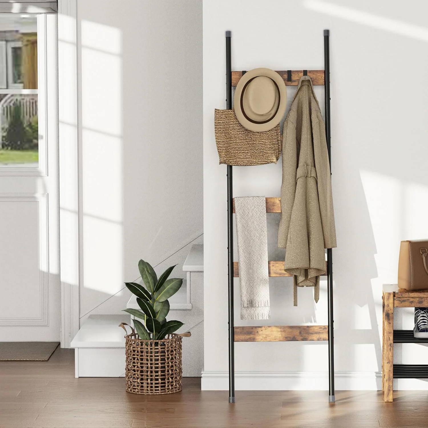 Blanket Ladder, 5-Tier Towel Holder with 4 Removable Hooks, Farmhouse Wall Leaning Decorative Rack Shelf, Wooden Towel Display Rack, Quilt Ladder for Living Room, Bedroom, Rustic Brown - Image 5