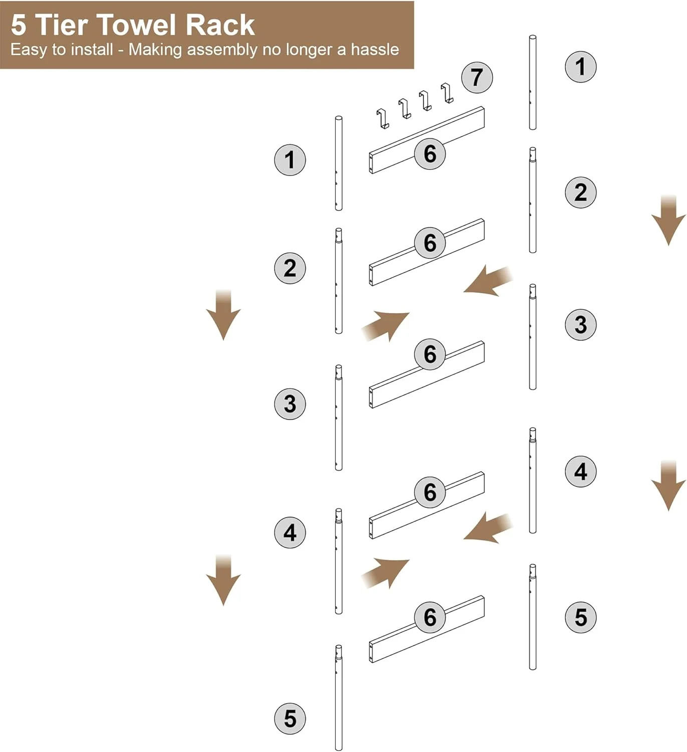 Blanket Ladder, 5-Tier Towel Holder with 4 Removable Hooks, Farmhouse Wall Leaning Decorative Rack Shelf, Wooden Towel Display Rack, Quilt Ladder for Living Room, Bedroom, Rustic Brown - Image 8