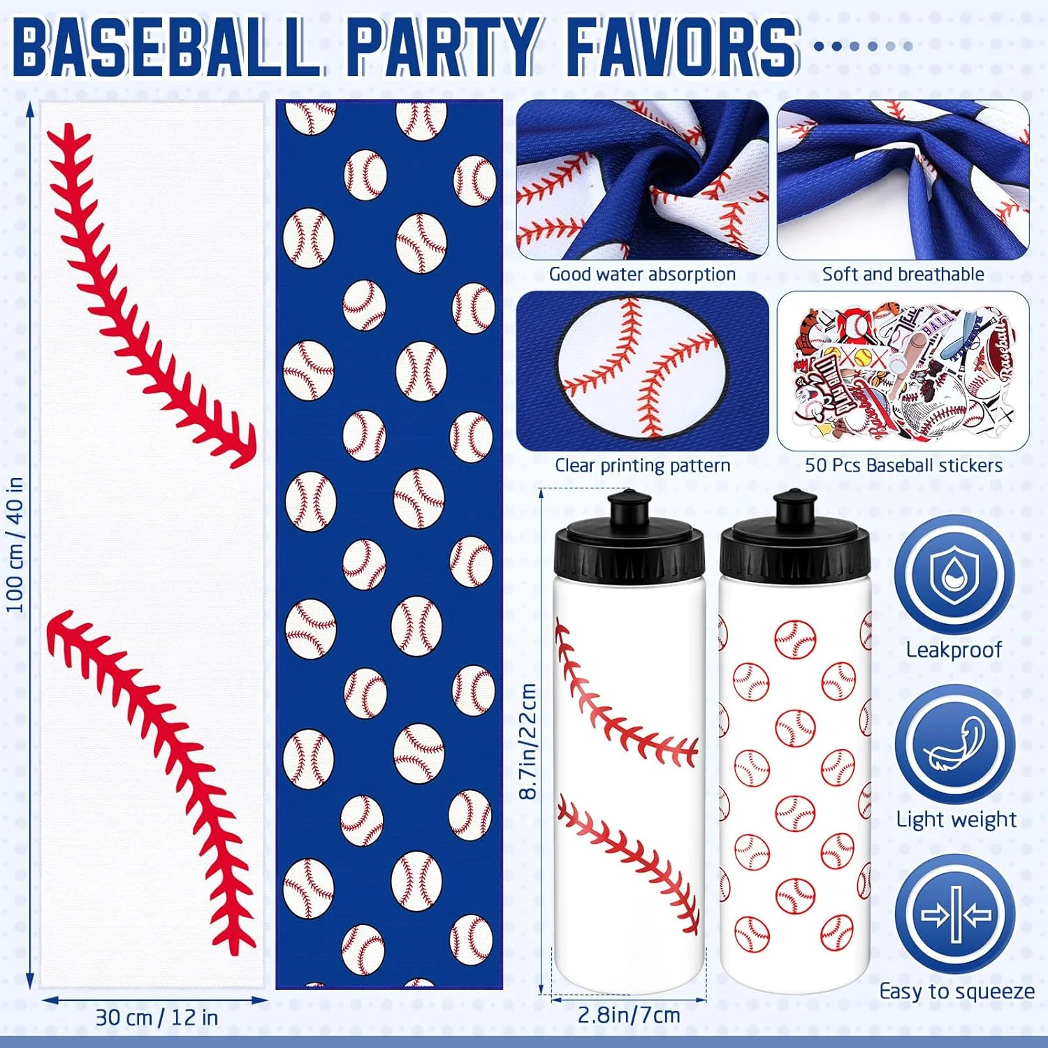 12 PCS 20 Oz Baseball Water Bottles & Cooling Towels Set with 50 Stickers for Sports Events & Gifts - Image 3