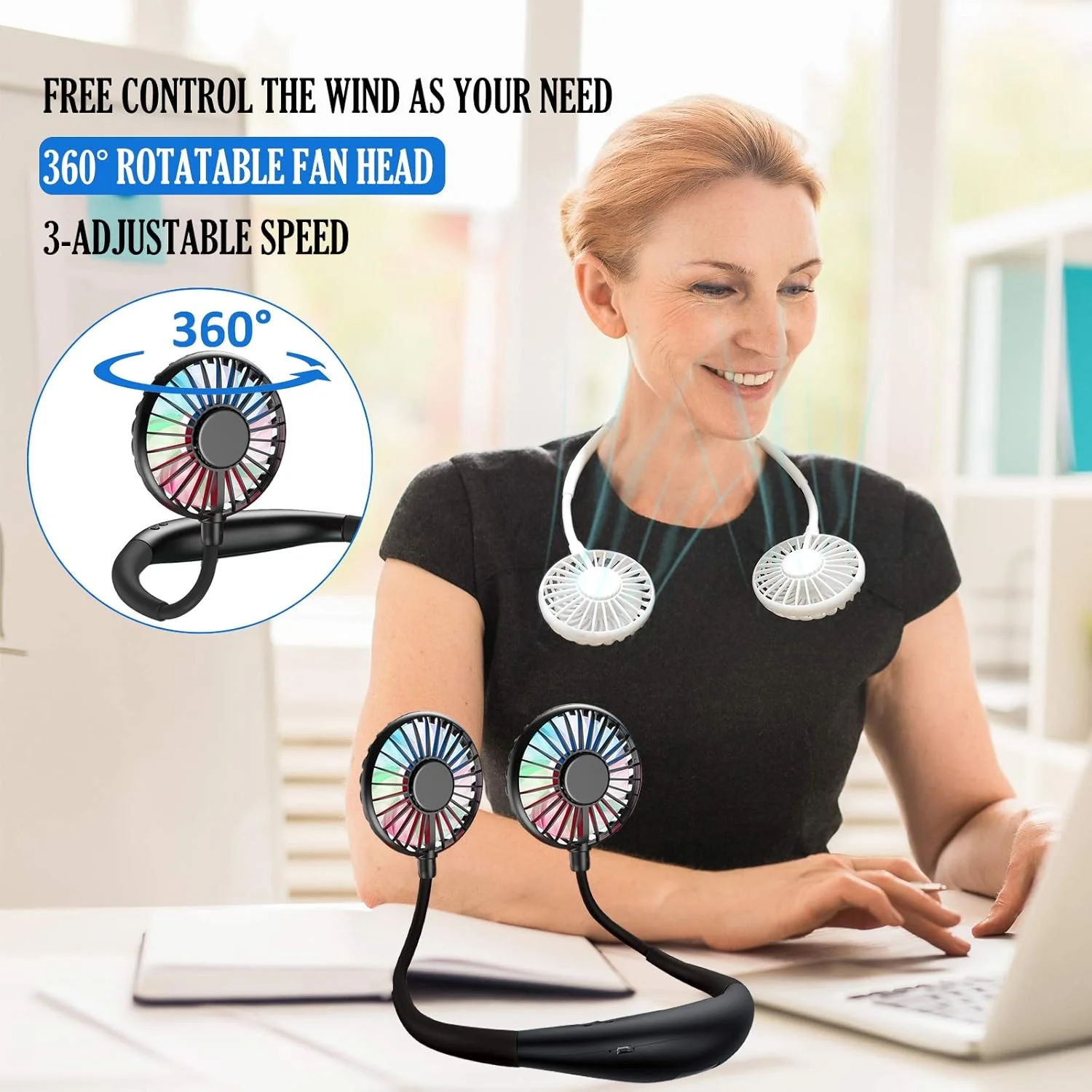 Neck Fan - 2600mAh Battery Operated Hands Free Fan, Portable Hang Around Neck Fans for Fishing, Camping, Hiking, Working, USB Powered, Over 12 Hours Cooling - Image 2