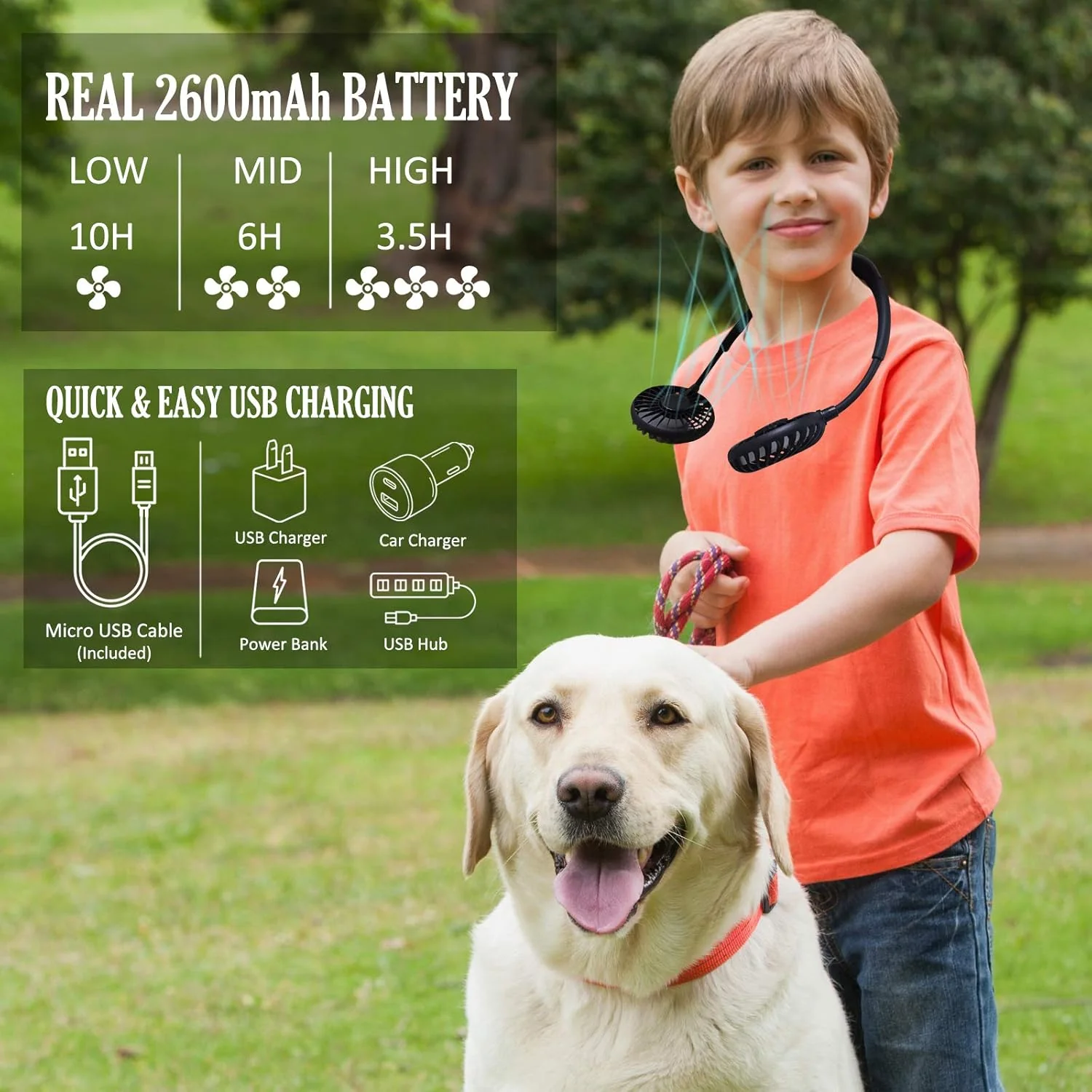 Neck Fan - 2600mAh Battery Operated Hands Free Fan, Portable Hang Around Neck Fans for Fishing, Camping, Hiking, Working, USB Powered, Over 12 Hours Cooling - Image 3