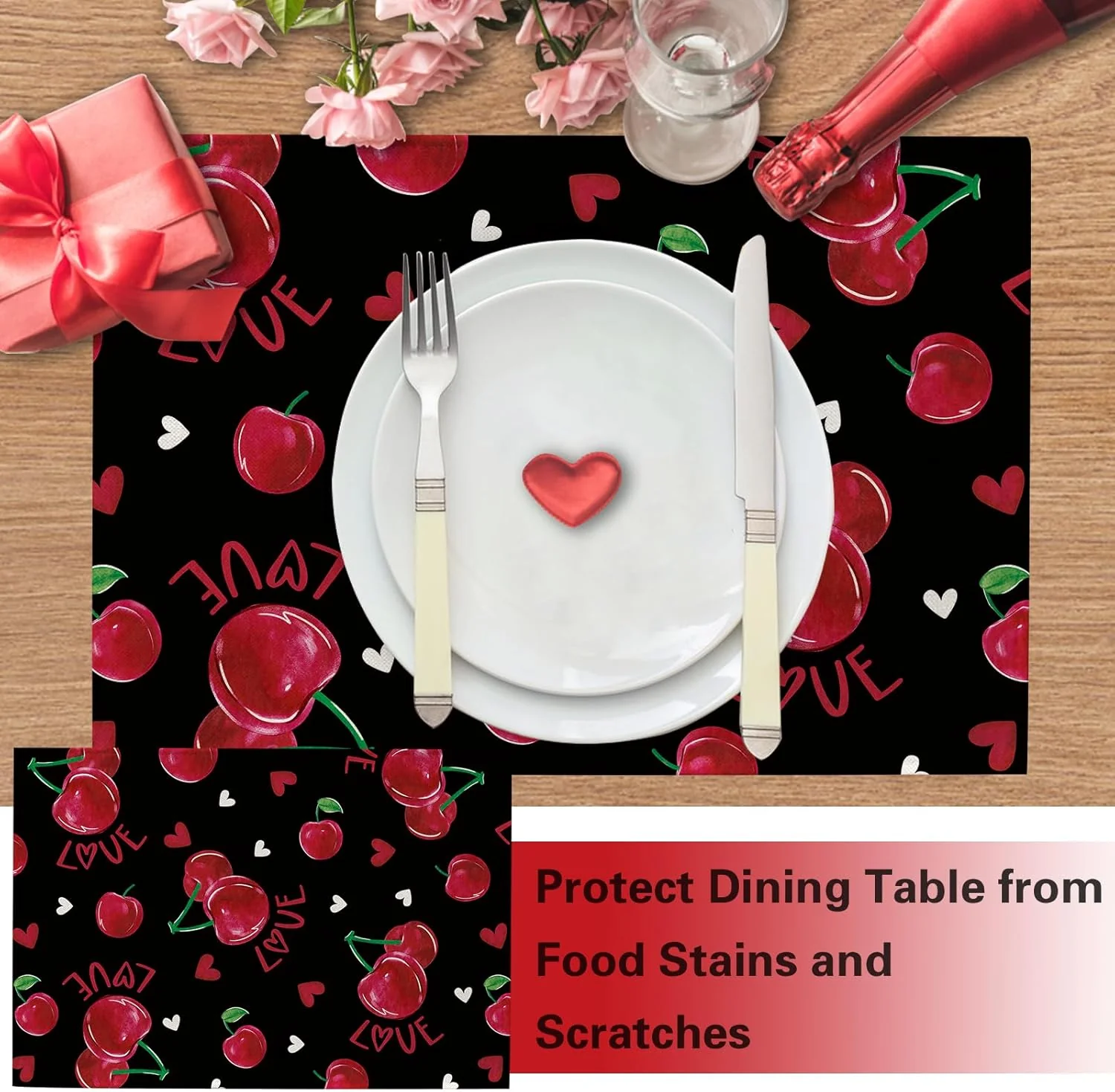 Valentines Day Cherry Black Placemats Set of 4, Love Hearts Dining Place Mats Table Decor, Anniversary Wedding Home Kitchen Decoration 12 x 18 Inch - Image 5