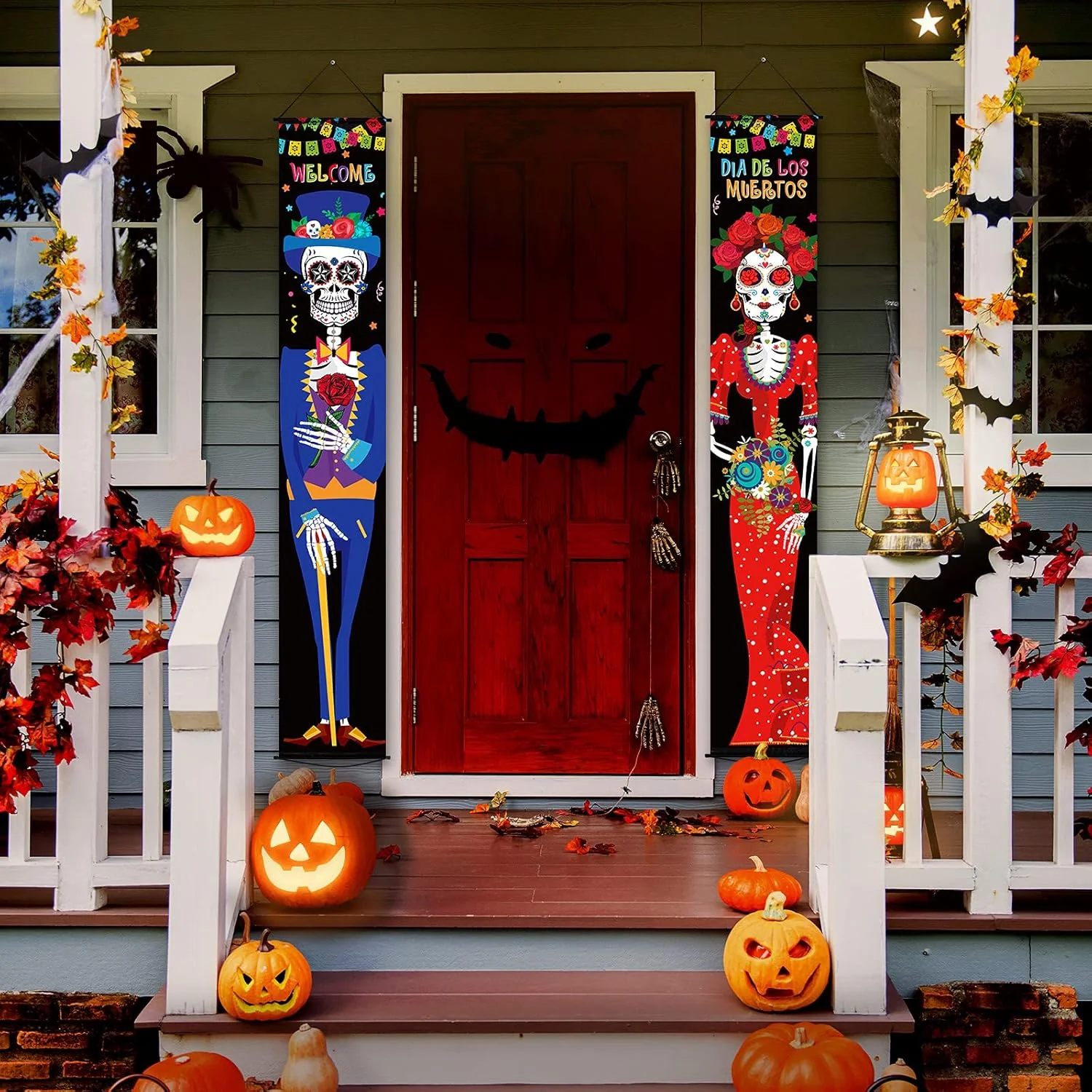 2 Pieces Day of The Dead Porch Sign Dia De Los Muertos Porch Decorations 11.8 x 70.9 Inch Autumn Mexico Welcome Halloween Door Banner Fall Hanging Wall Banner for Festival Indoor Outdoor Decoration - Image 4