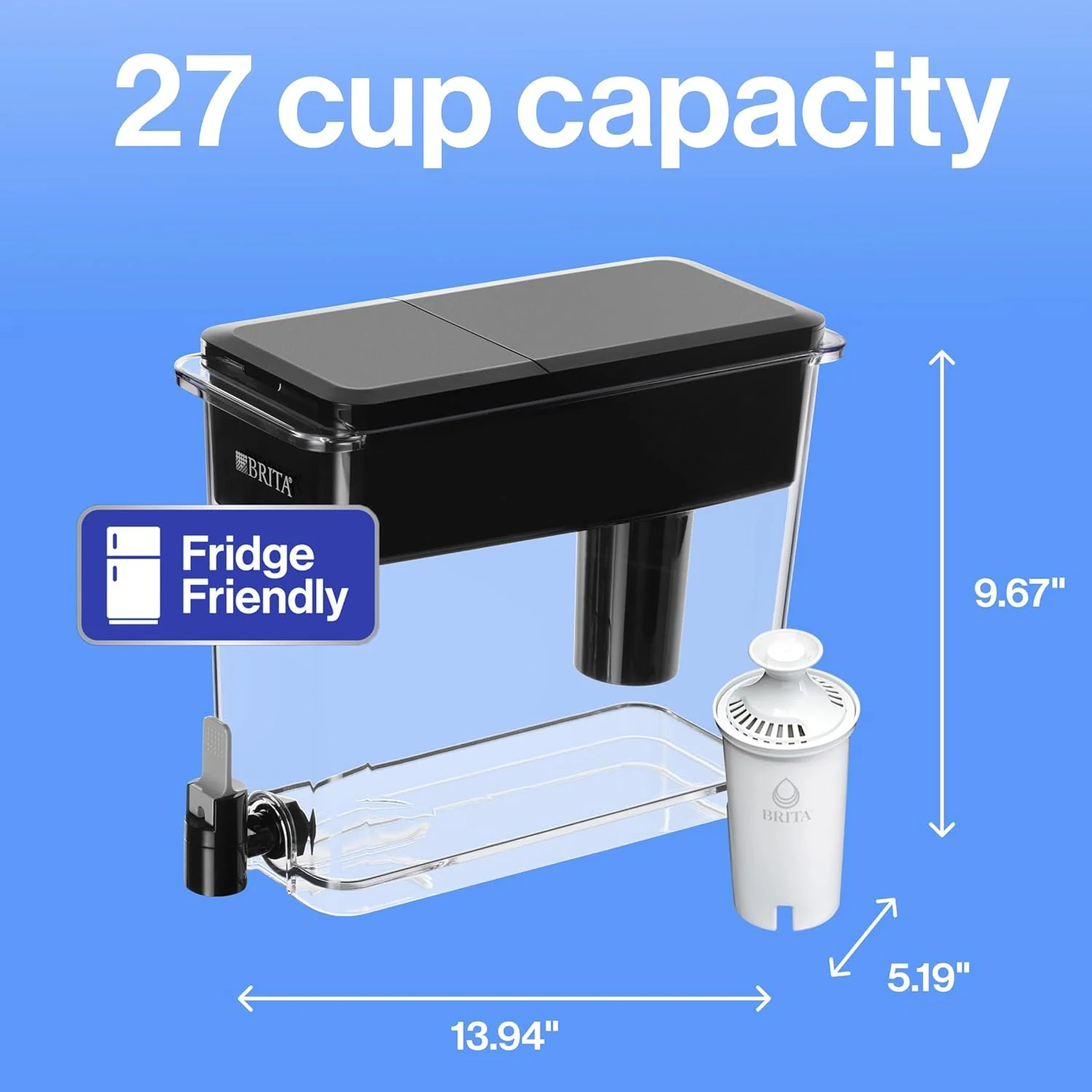 NEW - Brita UltraMax Large Water Dispenser With Standard Filter, BPA-Free, Reduces Copper, Cadmium and Mercury Impurities, Lasts 2 Months or 40 Gallons, Includes 1 Filter, Kitchen Accessories, Large 27-Cup - Image 2