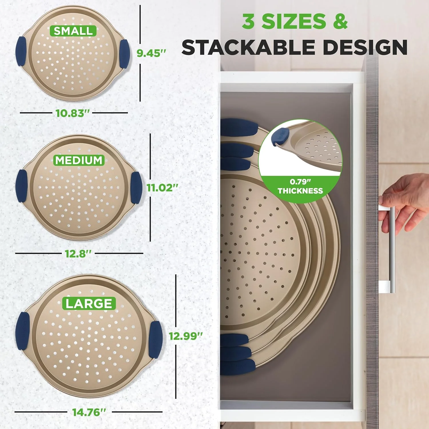 NutriChef 3-Piece Pizza Tray Set with Silicone Handles - Round Nonstick Pizza Pan with Perforated Holes, Durable Carbon Steel, Small, Medium, Large Sizes - Ideal for Crispy, Evenly Baked Pizzas (Gold) - Image 2