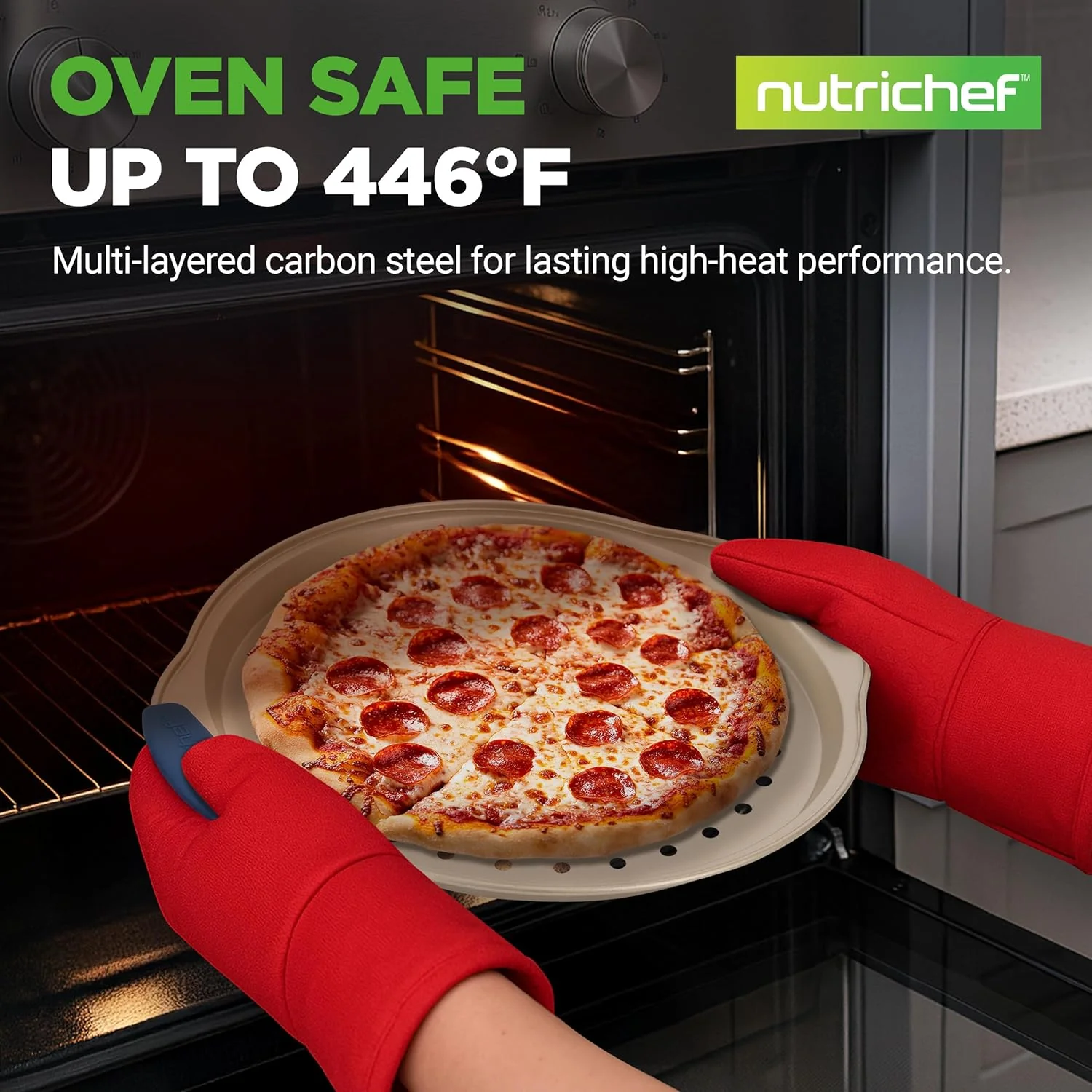 NutriChef 3-Piece Pizza Tray Set with Silicone Handles - Round Nonstick Pizza Pan with Perforated Holes, Durable Carbon Steel, Small, Medium, Large Sizes - Ideal for Crispy, Evenly Baked Pizzas (Gold) - Image 6