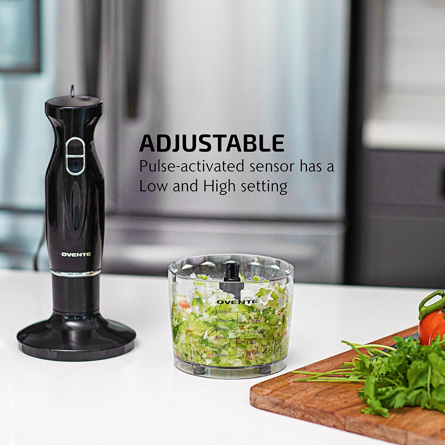 OVENTE Immersion Hand Blender, 300W Electric Handheld Portable Stick Mixer Set with 2 Mixing Speed, Stainless Steel Blades, Egg Whisk Attachment, Mixing Beaker and BPA-Free Food Chopper, Black HS565B - Image 5