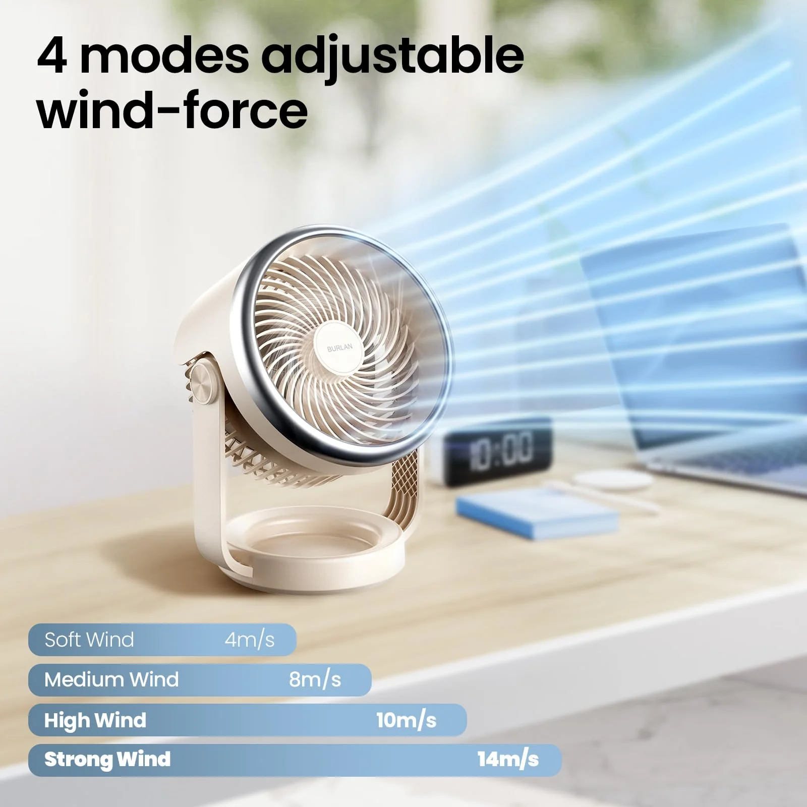Desk Fan, 10 inch Air Circulator Quiet Operating Fan for Bedroom, 70ft Strong Airflow, Portable Fan Battery Operated with USB (D-Grey) - Image 4