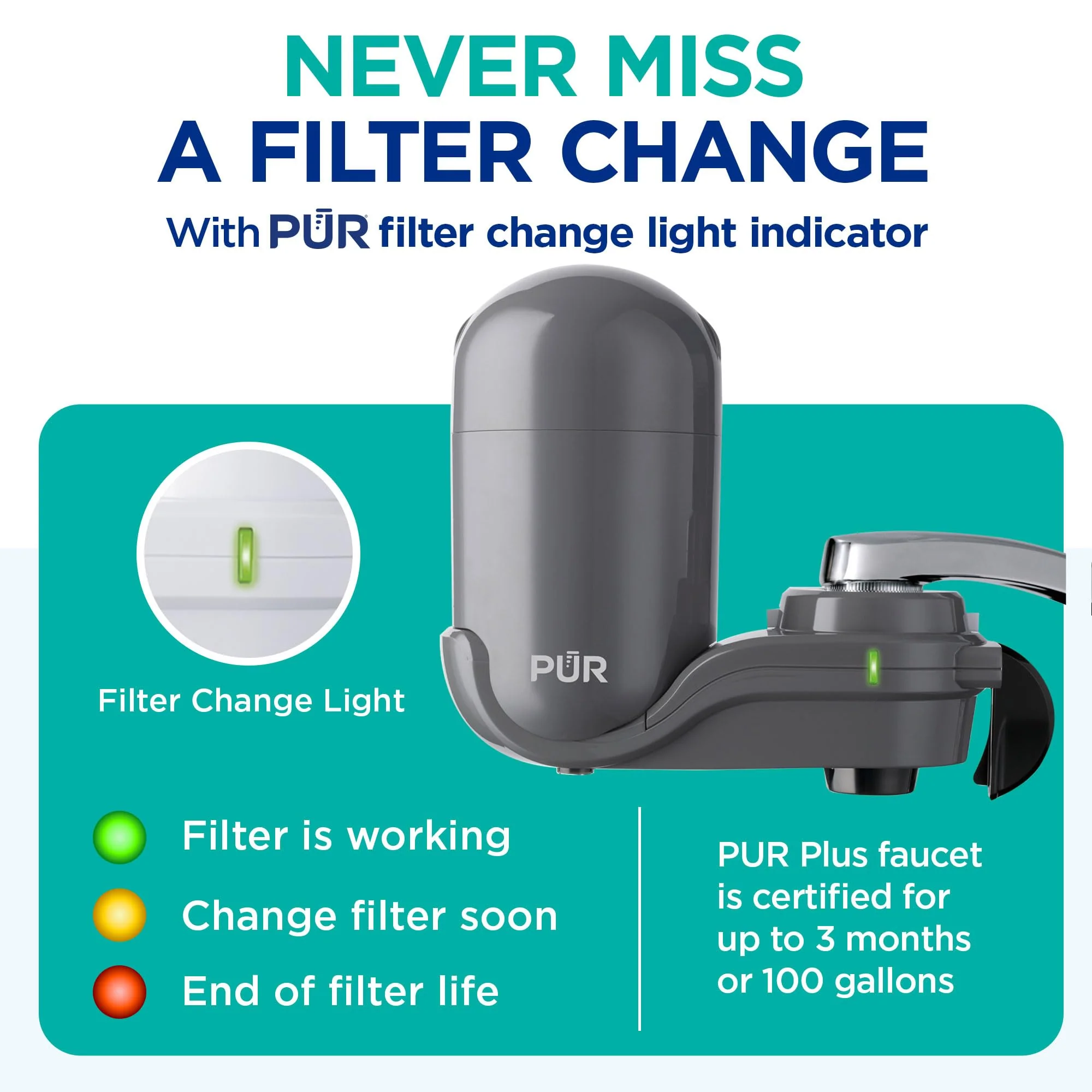 PUR Plus Vertical Faucet Mount Water Filtration System, Lead-Reducing Water Filter For Sink Faucet, Easy Install, 100 Gallons, Compatible with Sinks with External Aerators, Grey - Image 6