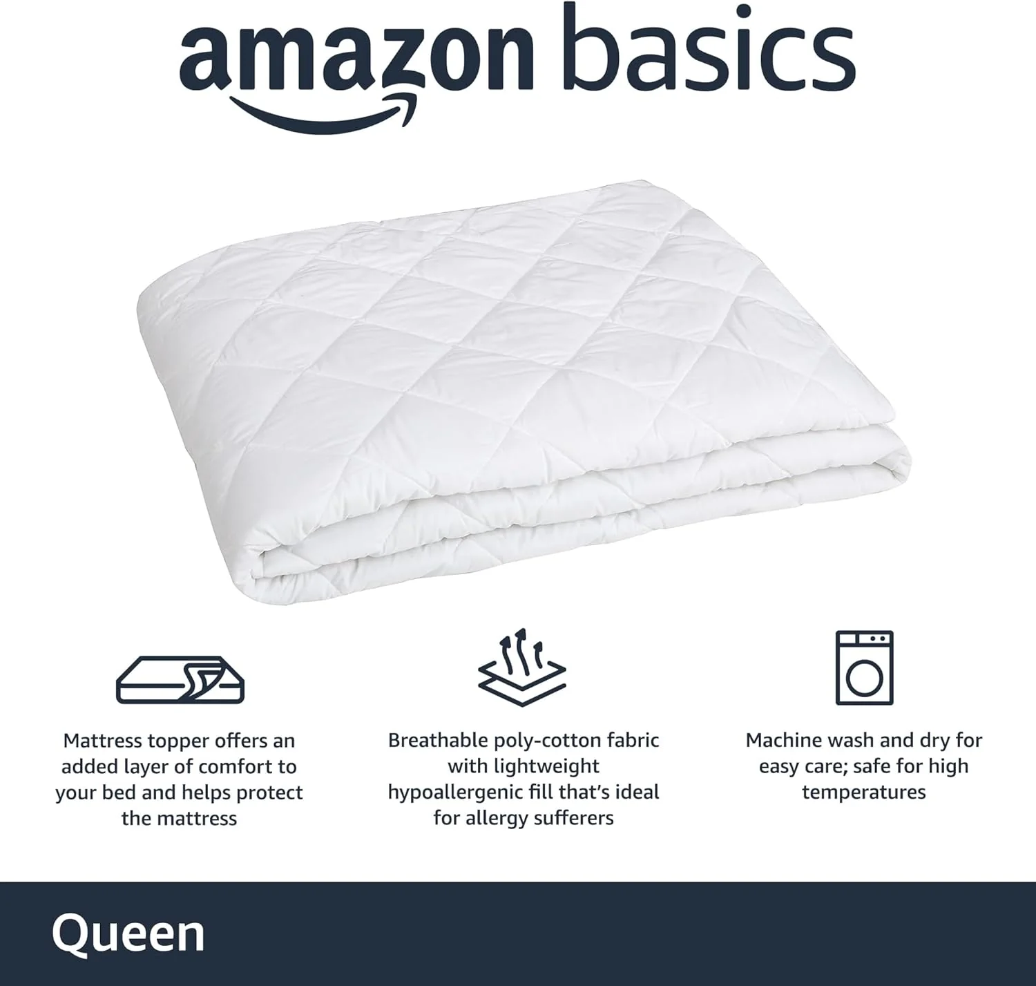Amazon Basics Hypoallergenic Quilted Plush and Breathable Mattress Topper Pad, 18 Inches Deep, Queen, White - Image 2